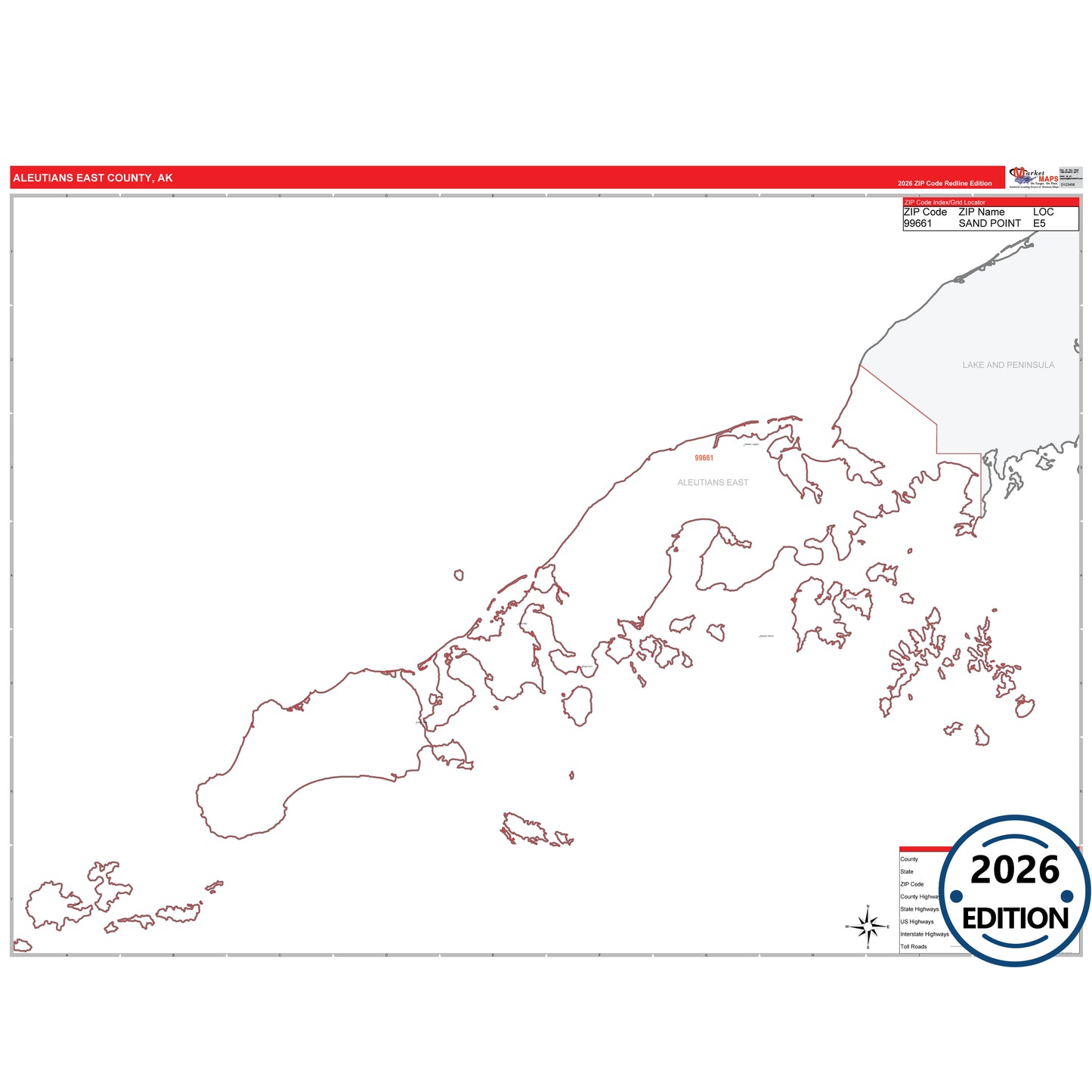 Aleutians East County, AK Red Line 5 Digit ZIP Code Wall Map