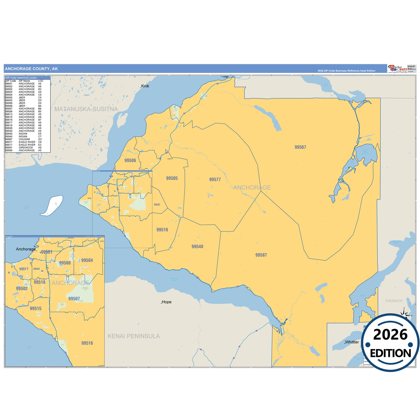 Anchorage County, AK Business Reference map with detailed roads, cities, and ZIP code boundaries.