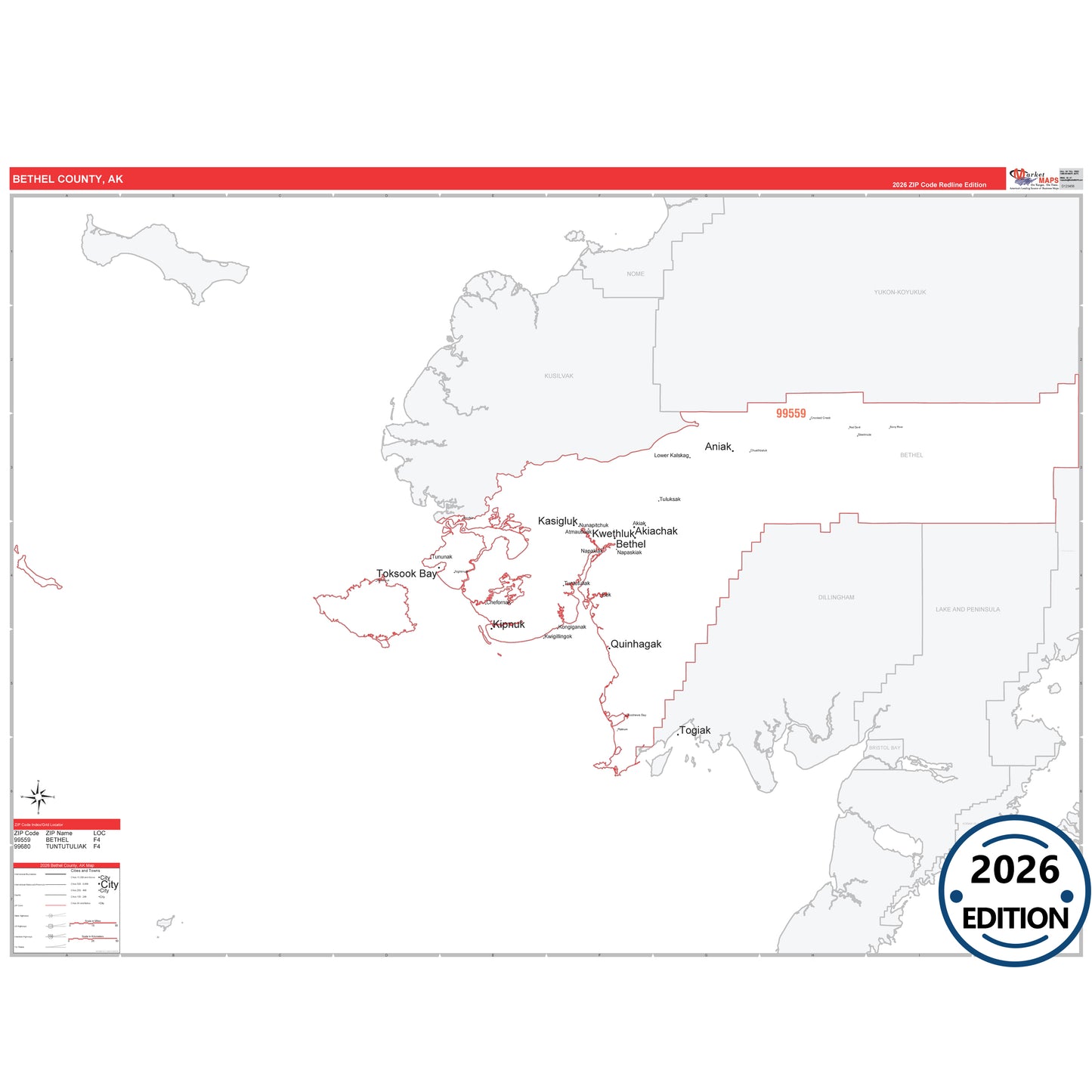 Bethel County, AK Red Line 5-Digit ZIP Code Wall Map