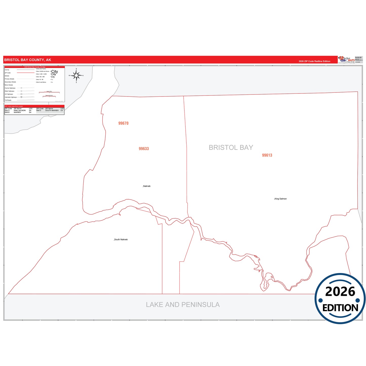 Bristol Bay County, AK Red Line 5-Digit ZIP Code Wall Map