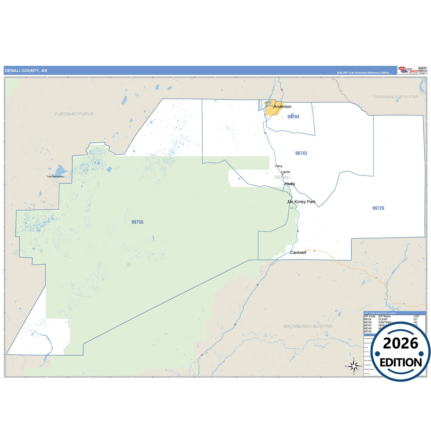 Denali County, AK Business Reference map with detailed roads, cities, and ZIP code boundaries.