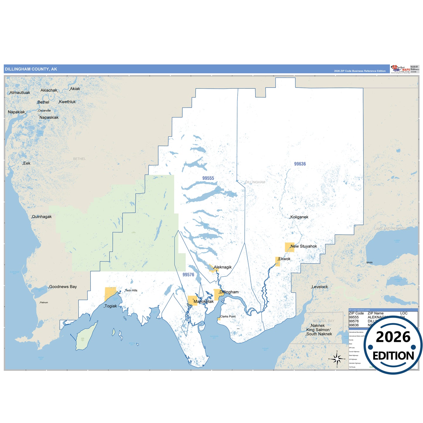 Dillingham County, AK Business Reference map with detailed roads, cities, and ZIP code boundaries.