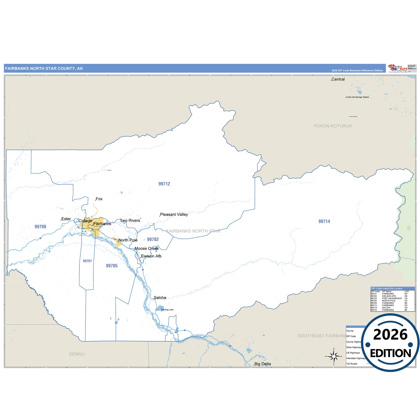 Fairbanks North Star County, AK Business Reference 5 Digit ZIP Code Wall Map