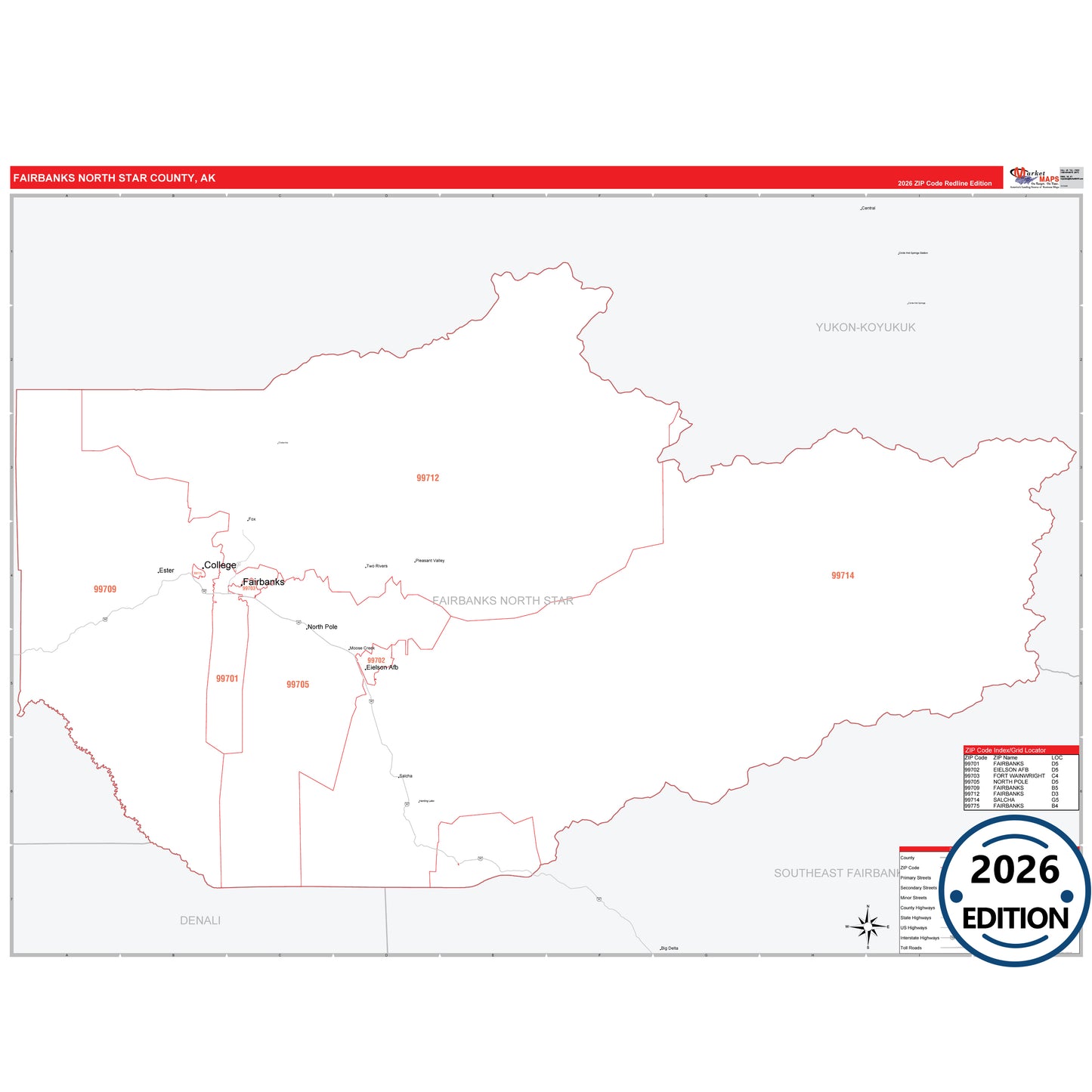 Fairbanks North Star County, AK Red Line map with 5-digit ZIP codes, major roads, cities, and county boundaries.