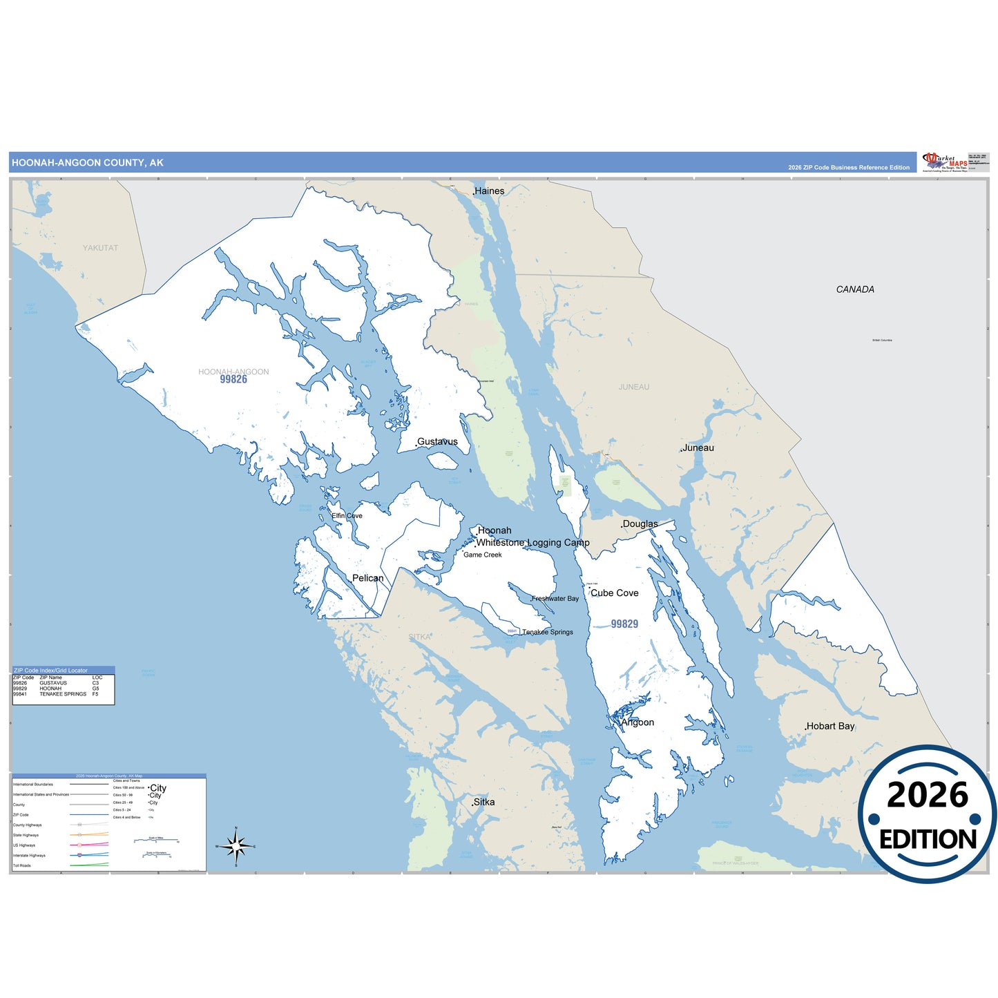 Hoonah-Angoon County, AK Business Reference map with detailed roads, cities, and ZIP code boundaries.
