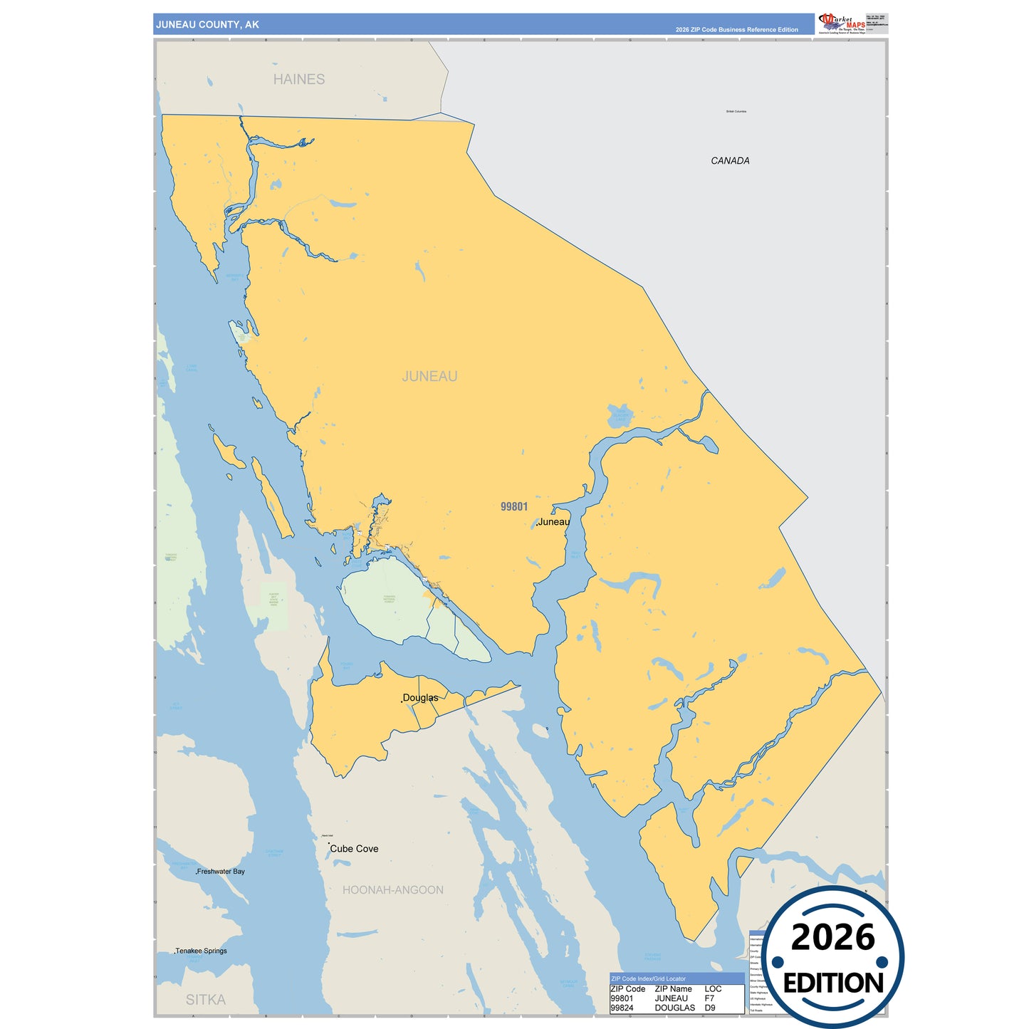 Juneau County, AK Business Reference map with detailed roads, cities, and ZIP code boundaries.