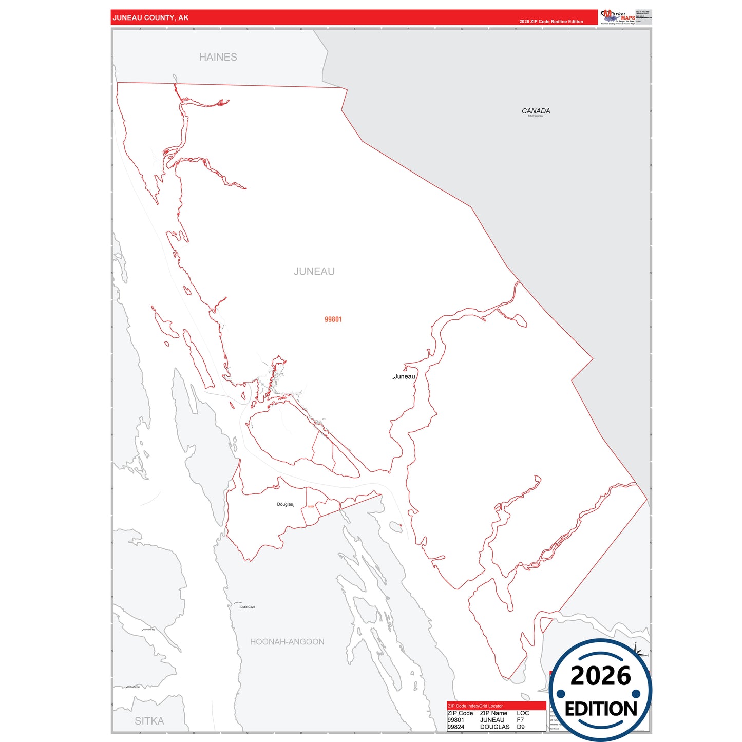 Juneau County, AK Red Line map with 5-digit ZIP codes, major roads, cities, and county boundaries.
