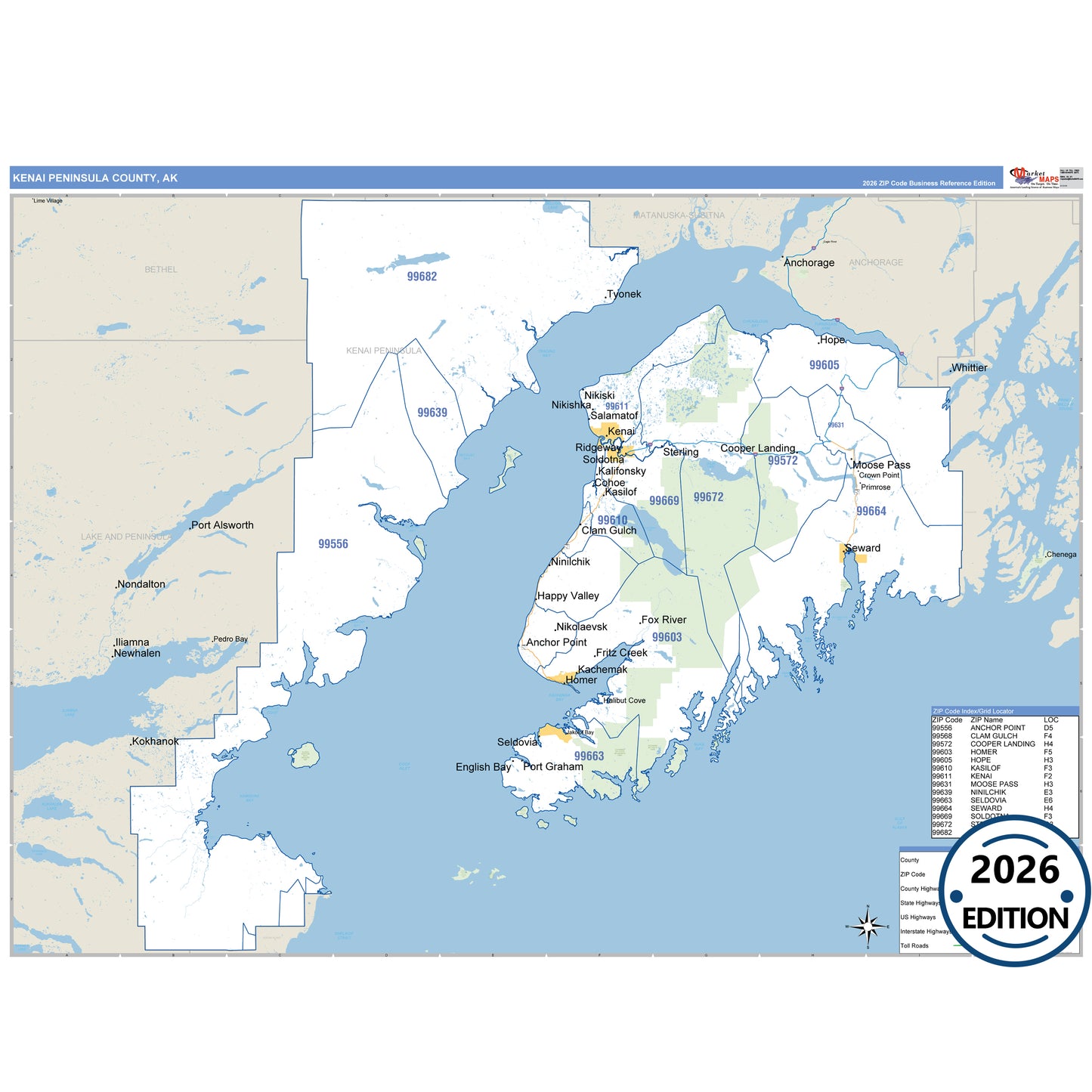 Kenai Peninsula County, AK Business Reference map with detailed roads, cities, and ZIP code boundaries.