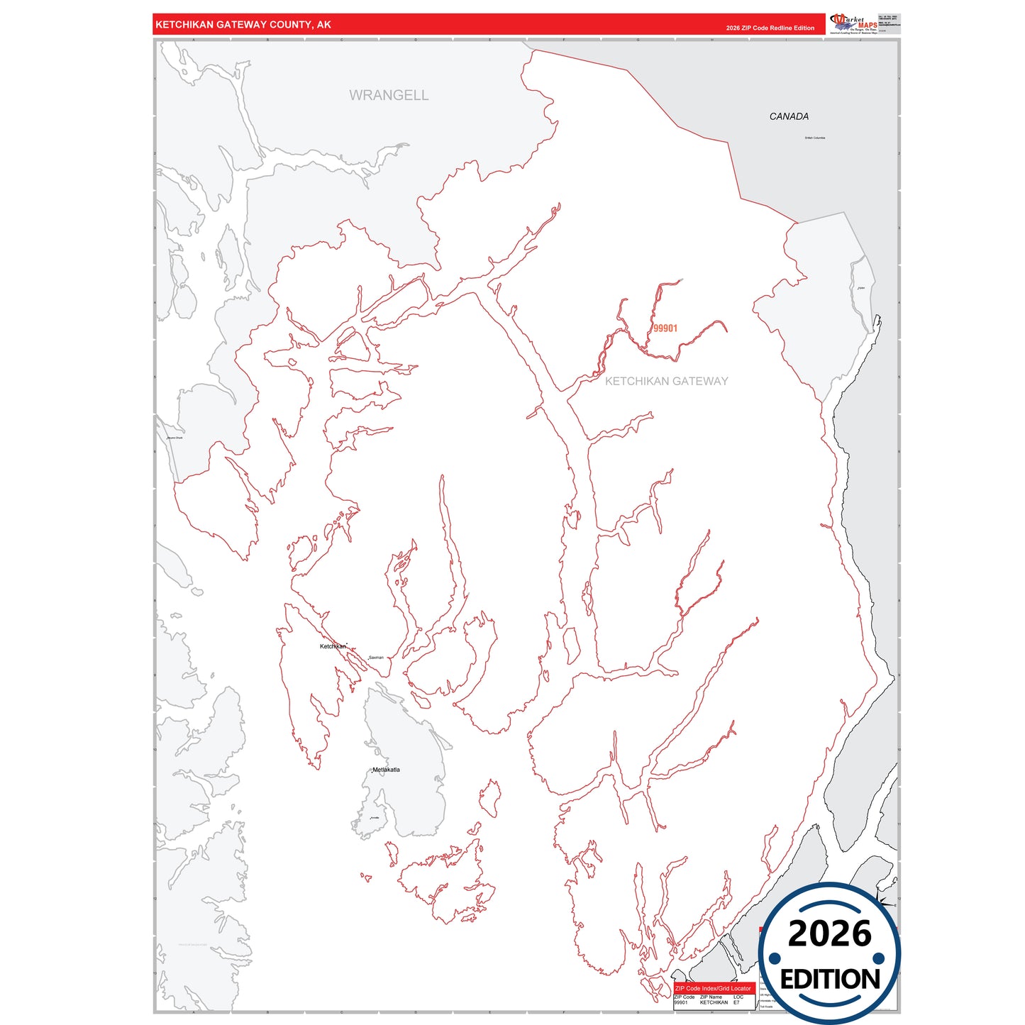 Ketchikan Gateway County, AK Red Line 5-Digit ZIP Code Wall Map
