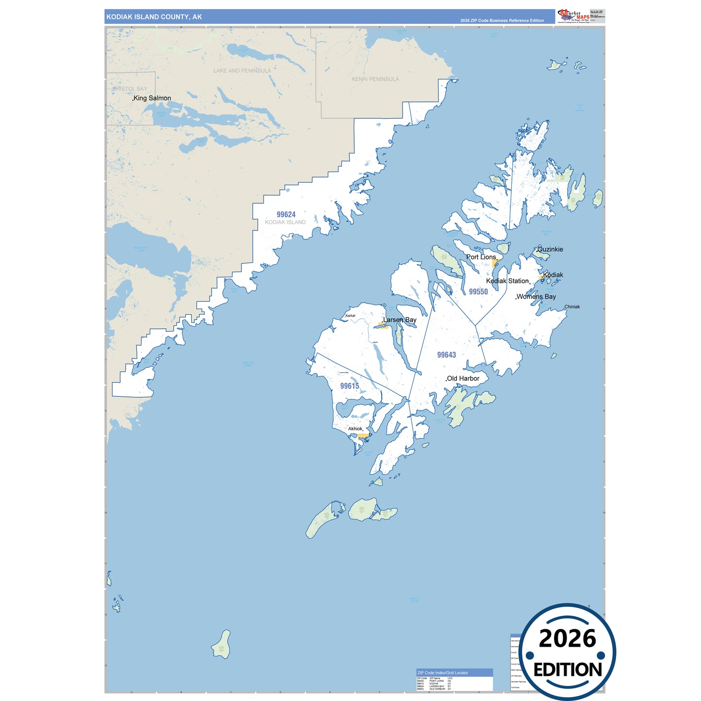 Kodiak Island County, AK Business Reference map with detailed roads, cities, and ZIP code boundaries.