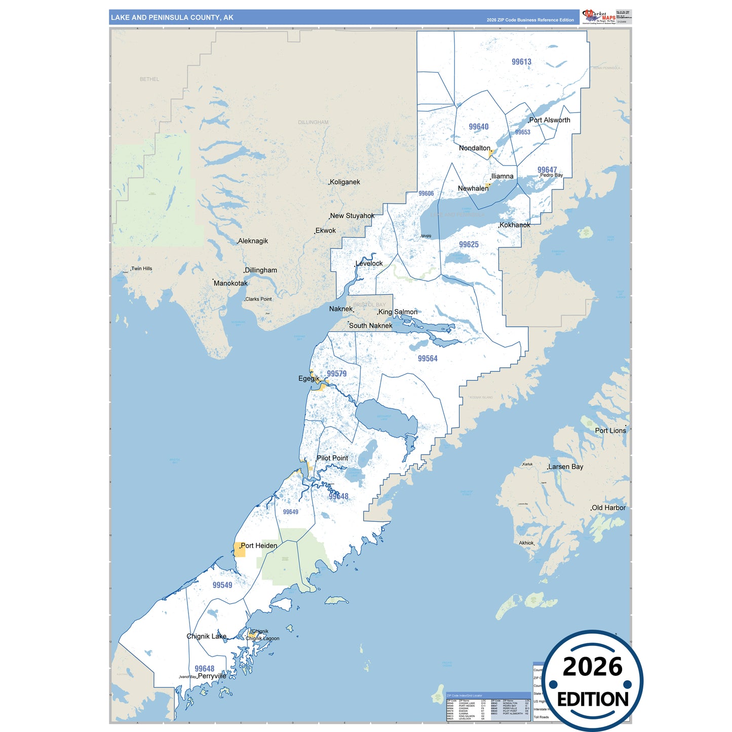 Lake And Peninsula County, AK Business Reference 5-Digit ZIP Code Wall Map