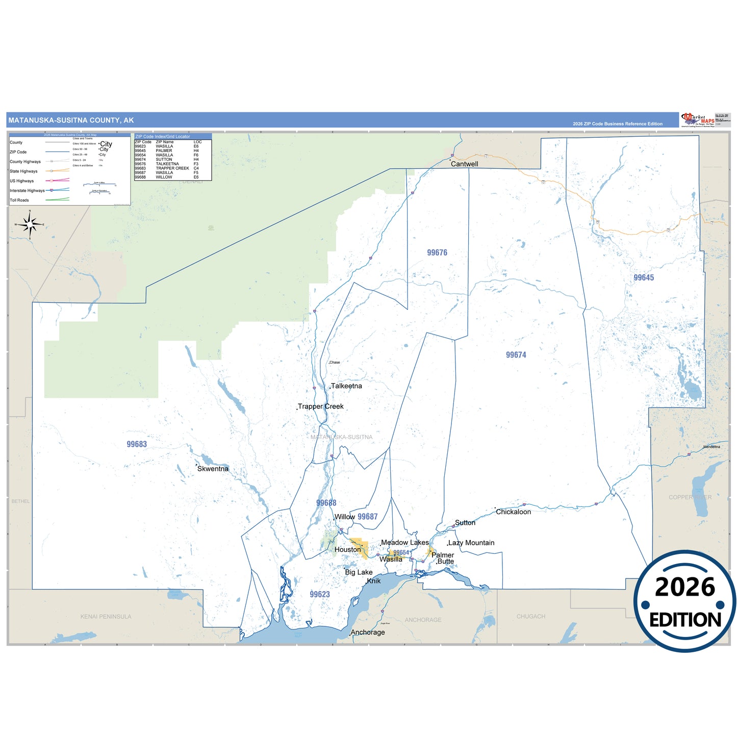 Matanuska-Susitna County, AK Business Reference map with detailed roads, cities, and ZIP code boundaries.