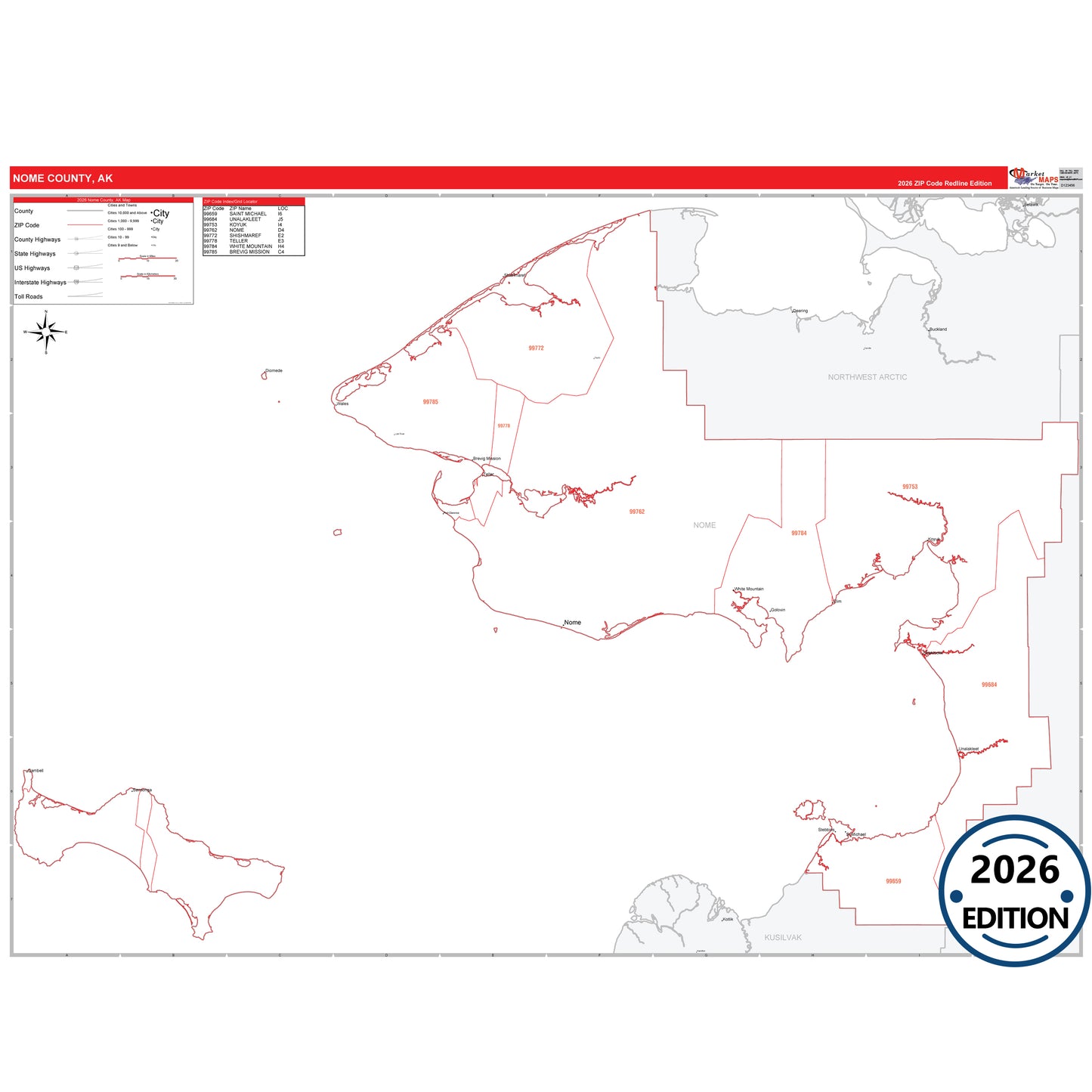 Nome County, AK Red Line map with 5-digit ZIP codes, major roads, cities, and county boundaries.