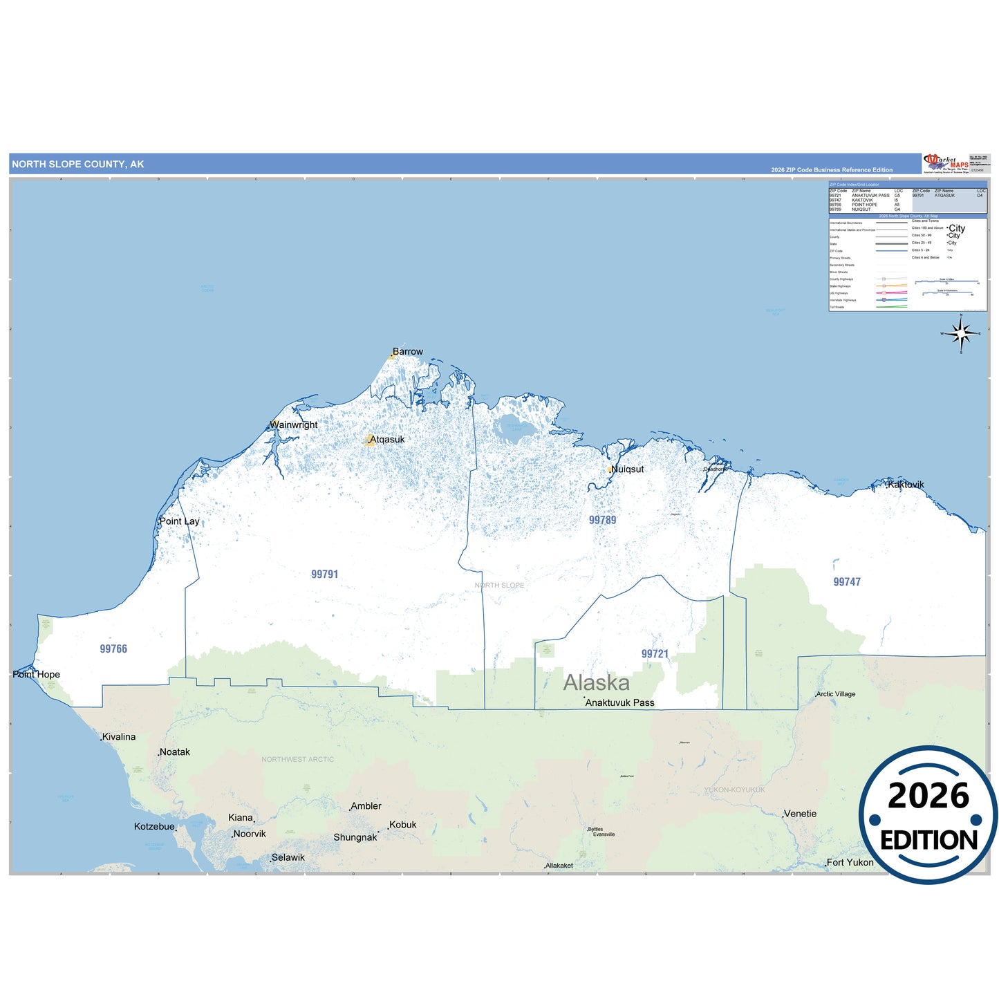 North Slope County, AK Business Reference map with detailed roads, cities, and ZIP code boundaries.