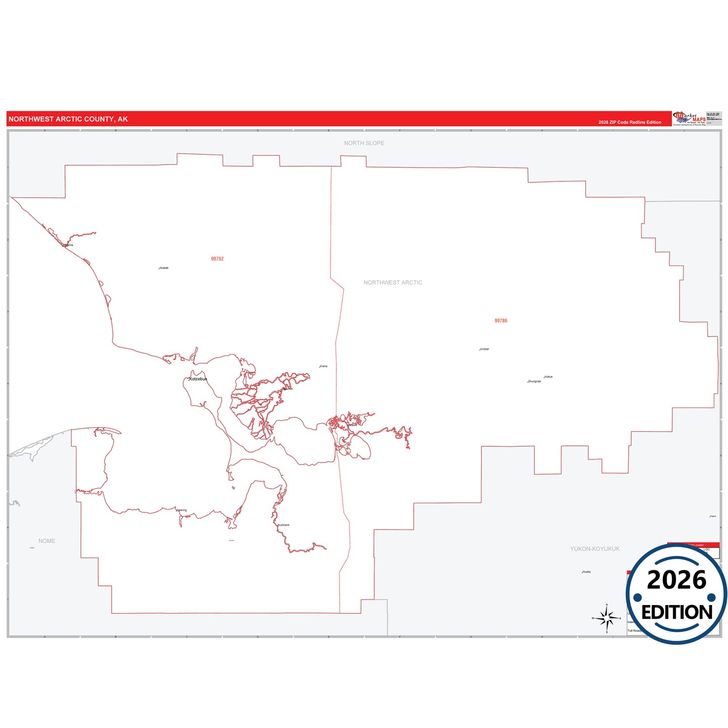 Northwest Arctic County, AK Red Line map with 5-digit ZIP codes, major roads, cities, and county boundaries.