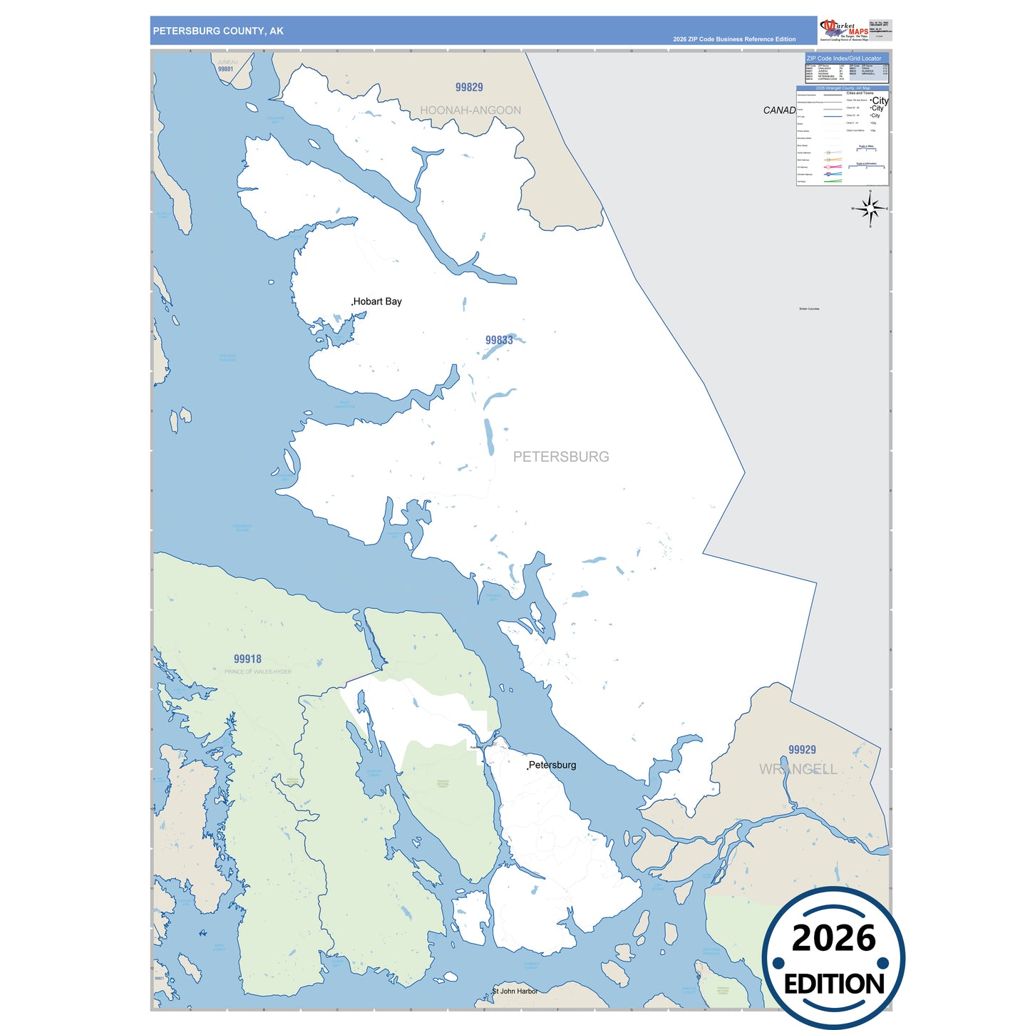 Petersburg County, AK Business Reference map with detailed roads, cities, and ZIP code boundaries.