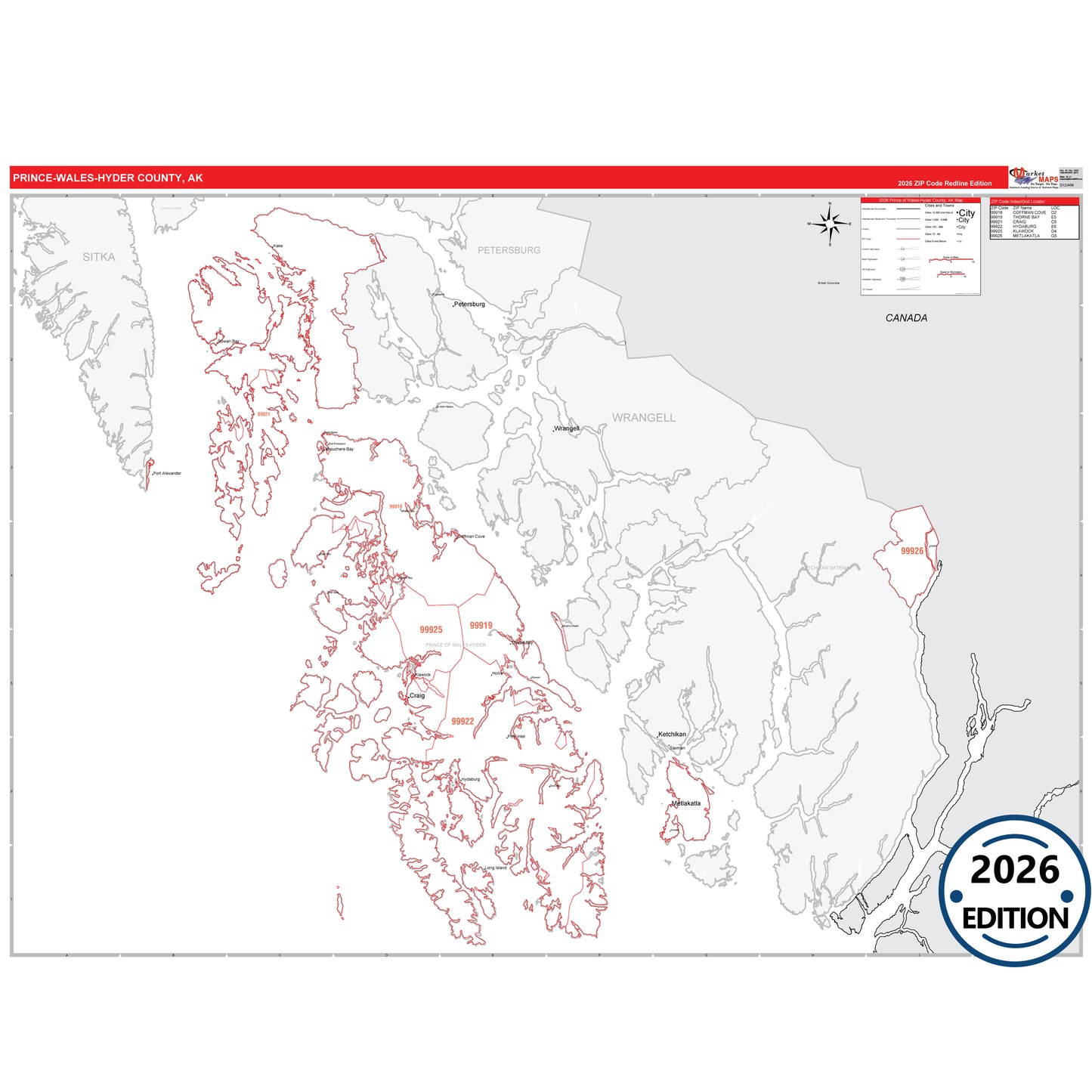 Prince Of Wales-Hyder County, AK Red Line 5-Digit ZIP Code Wall Map