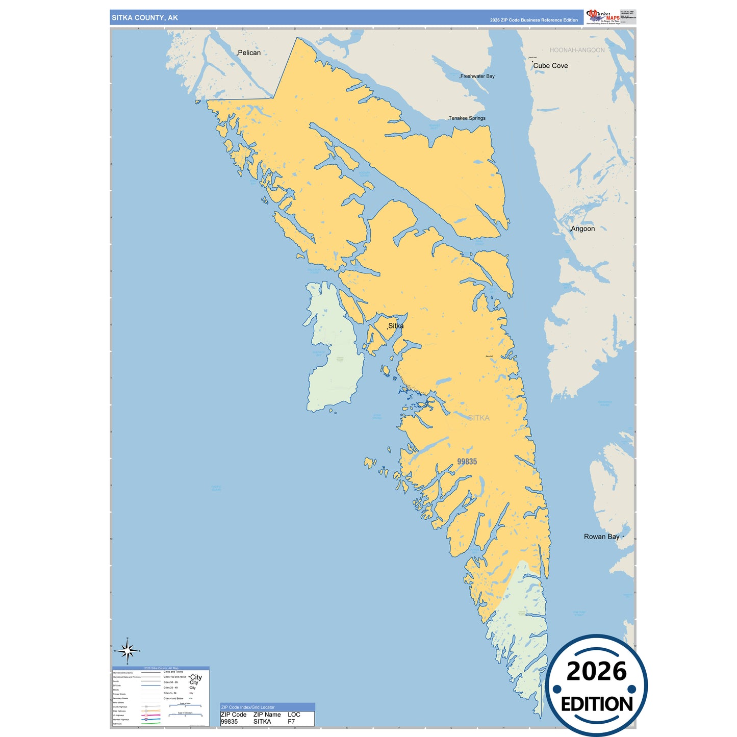 Sitka County, AK Business Reference map with detailed roads, cities, and ZIP code boundaries.