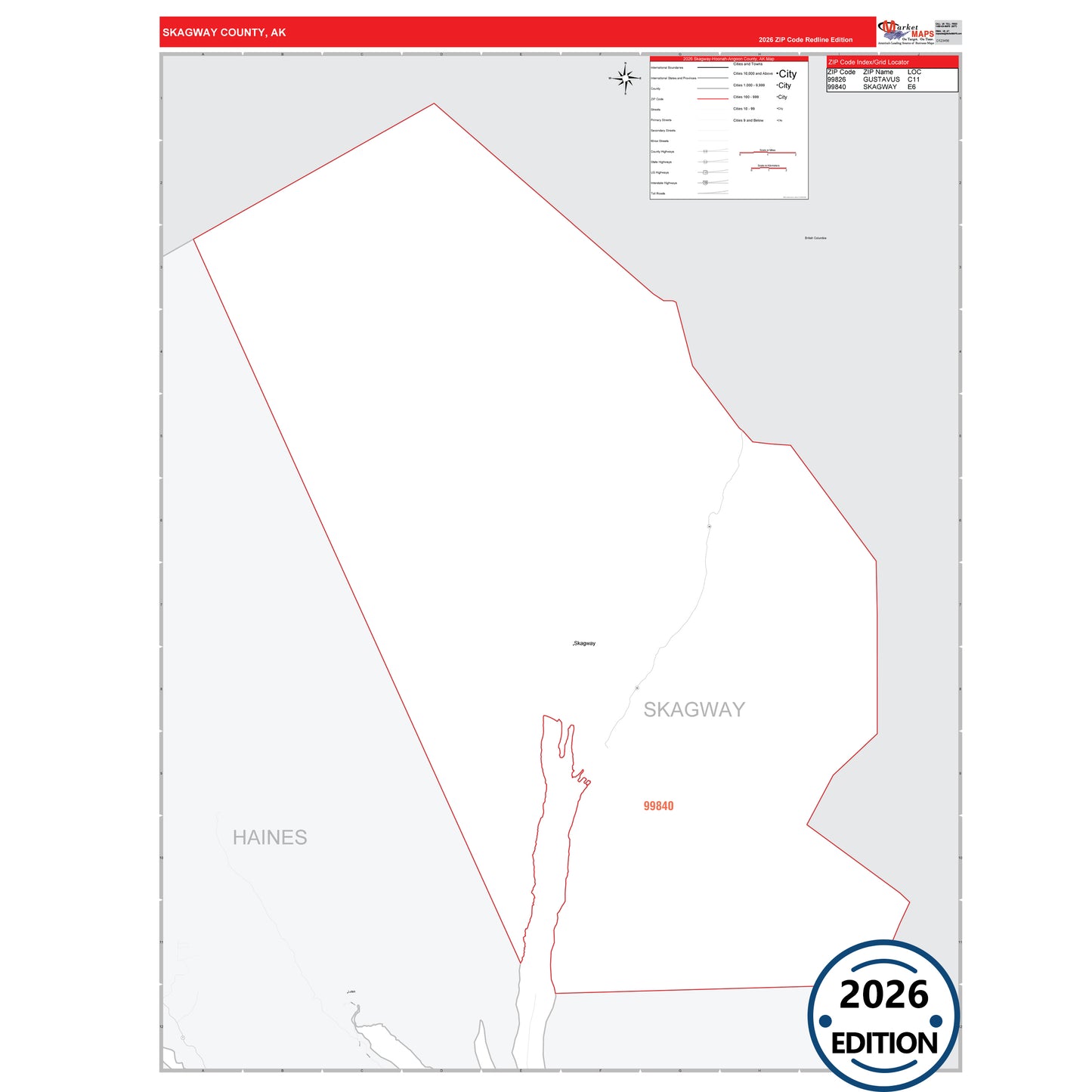 Skagway County, AK Red Line map with 5-digit ZIP codes, major roads, cities, and county boundaries.