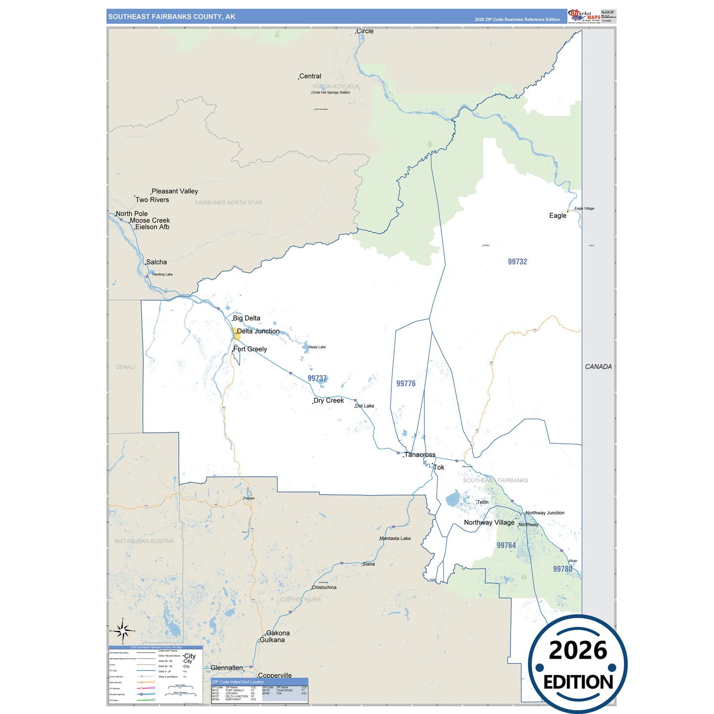 Southeast Fairbanks County, AK Business Reference 5-Digit ZIP Code Wall Map