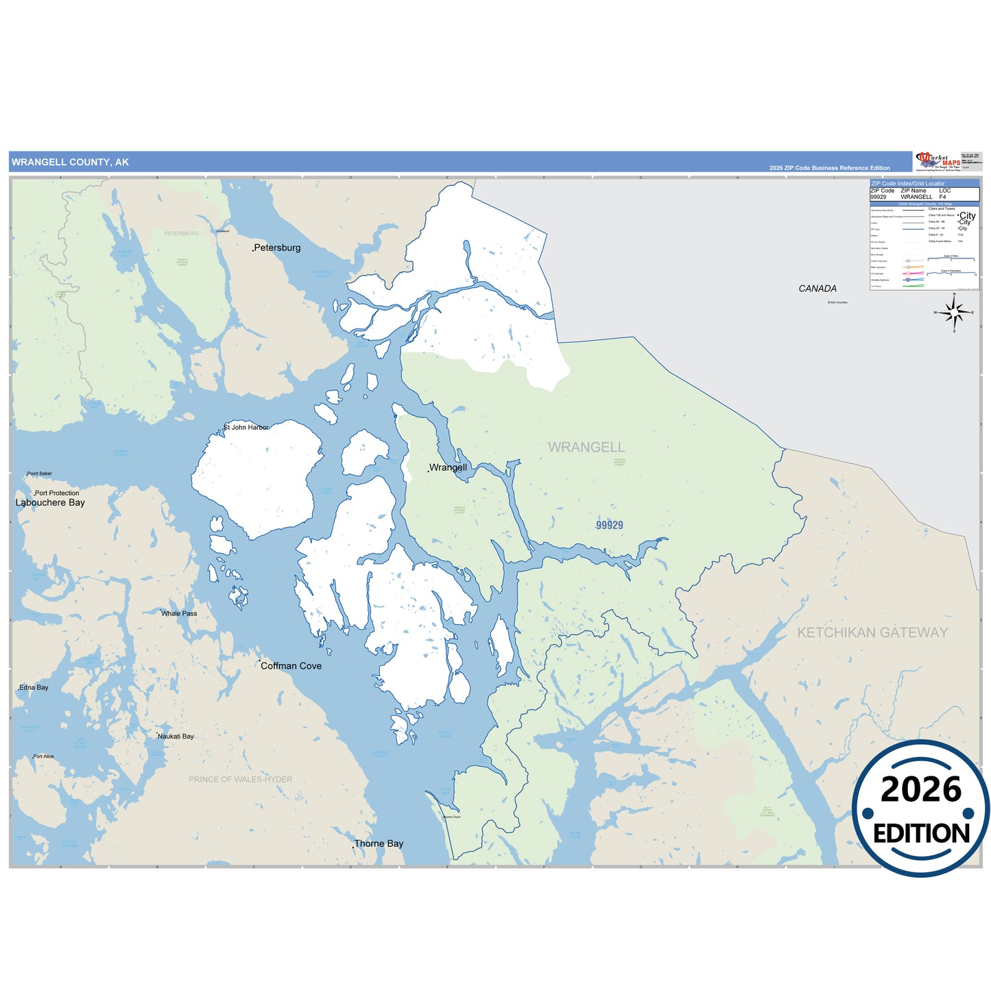 Wrangell County, AK Business Reference map with detailed roads, cities, and ZIP code boundaries.
