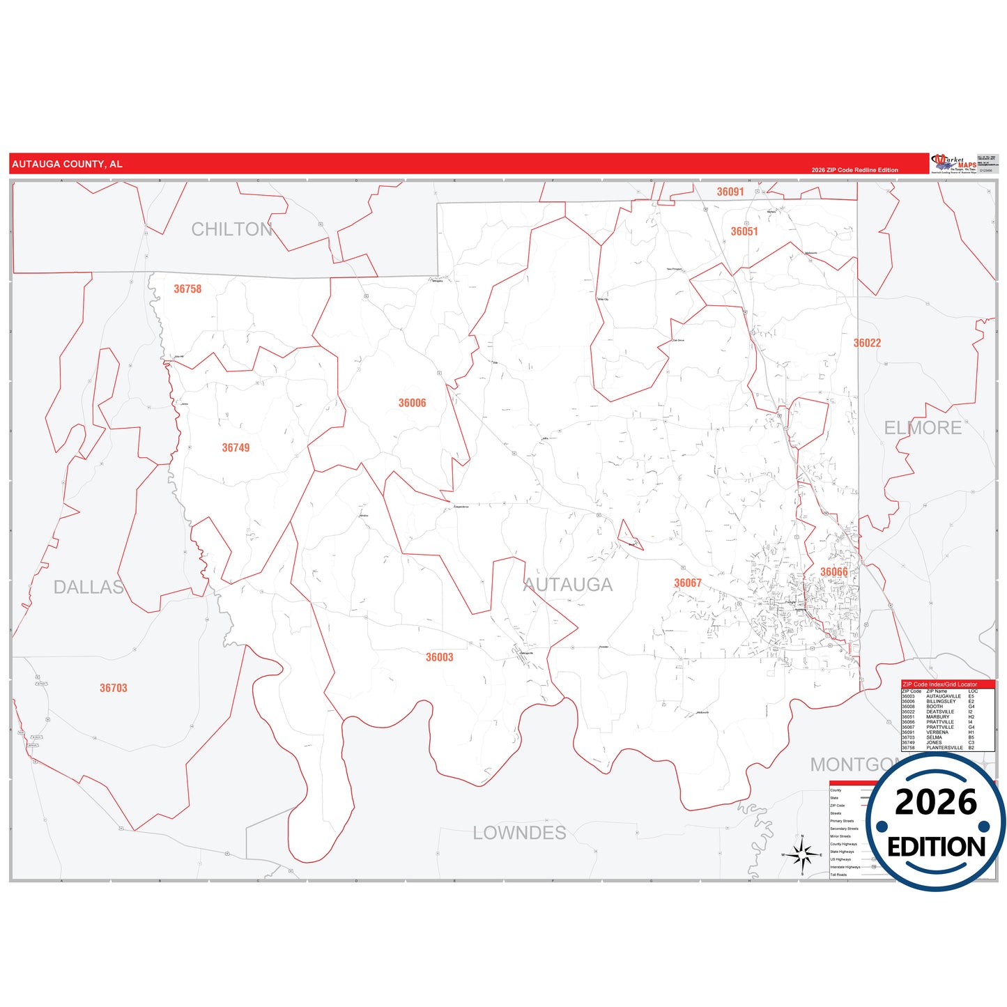 Autauga County, AL Red Line 5 Digit ZIP Code Wall Map