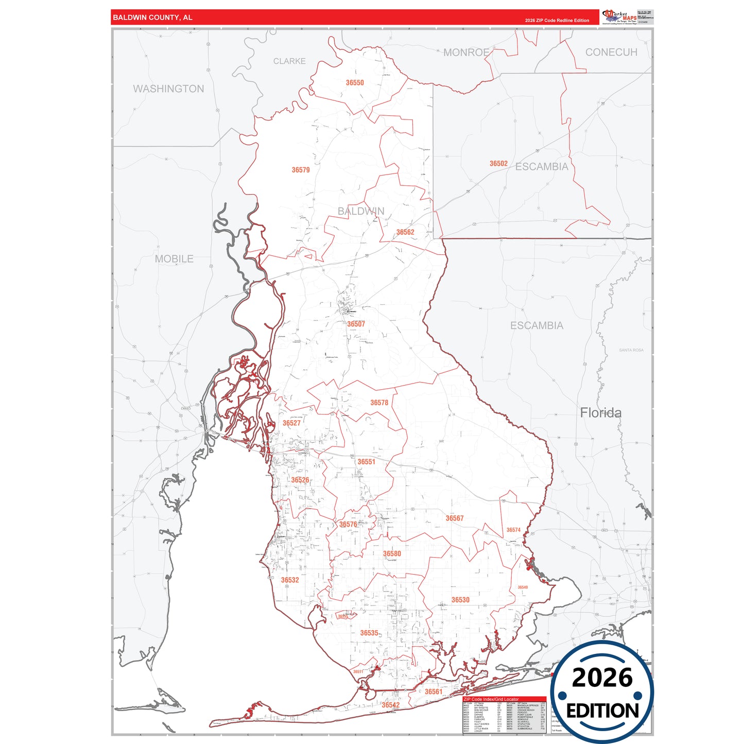 Baldwin County, AL Red Line 5 Digit ZIP Code Wall Map