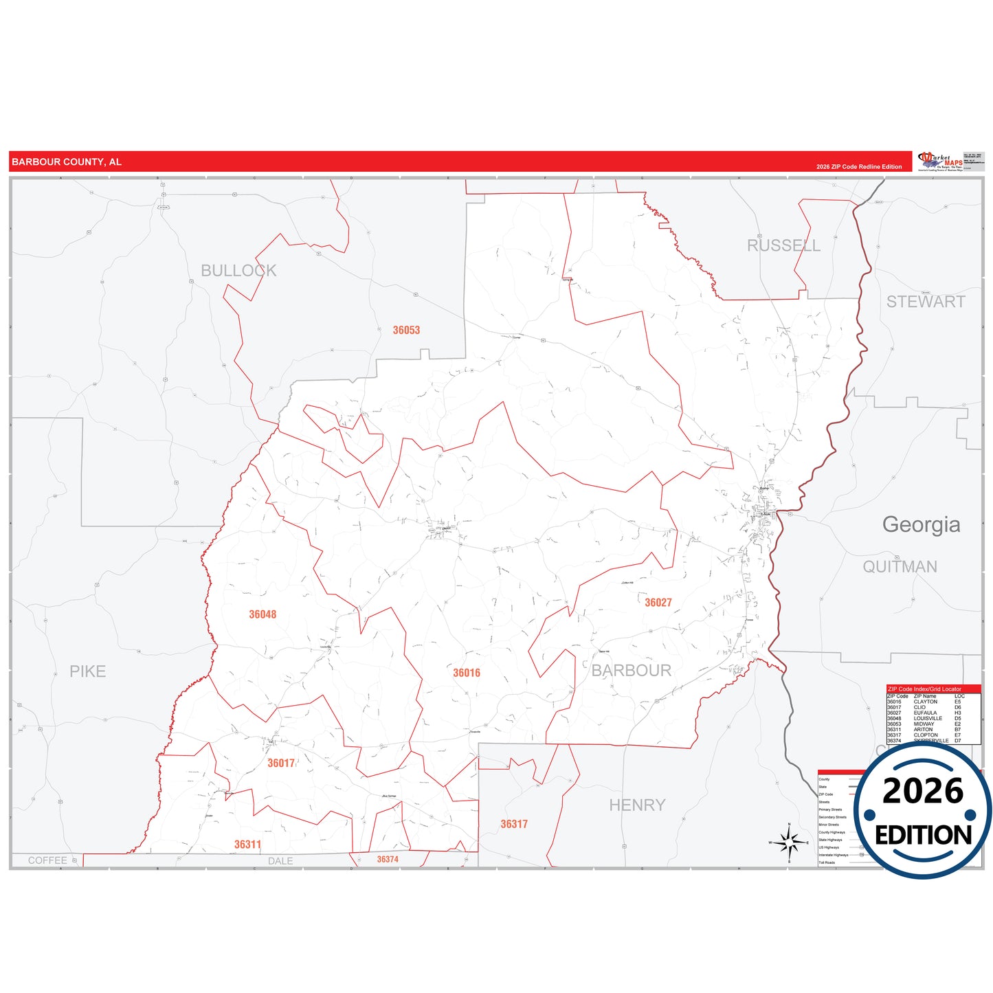 Barbour County, AL Red Line 5 Digit ZIP Code Wall Map