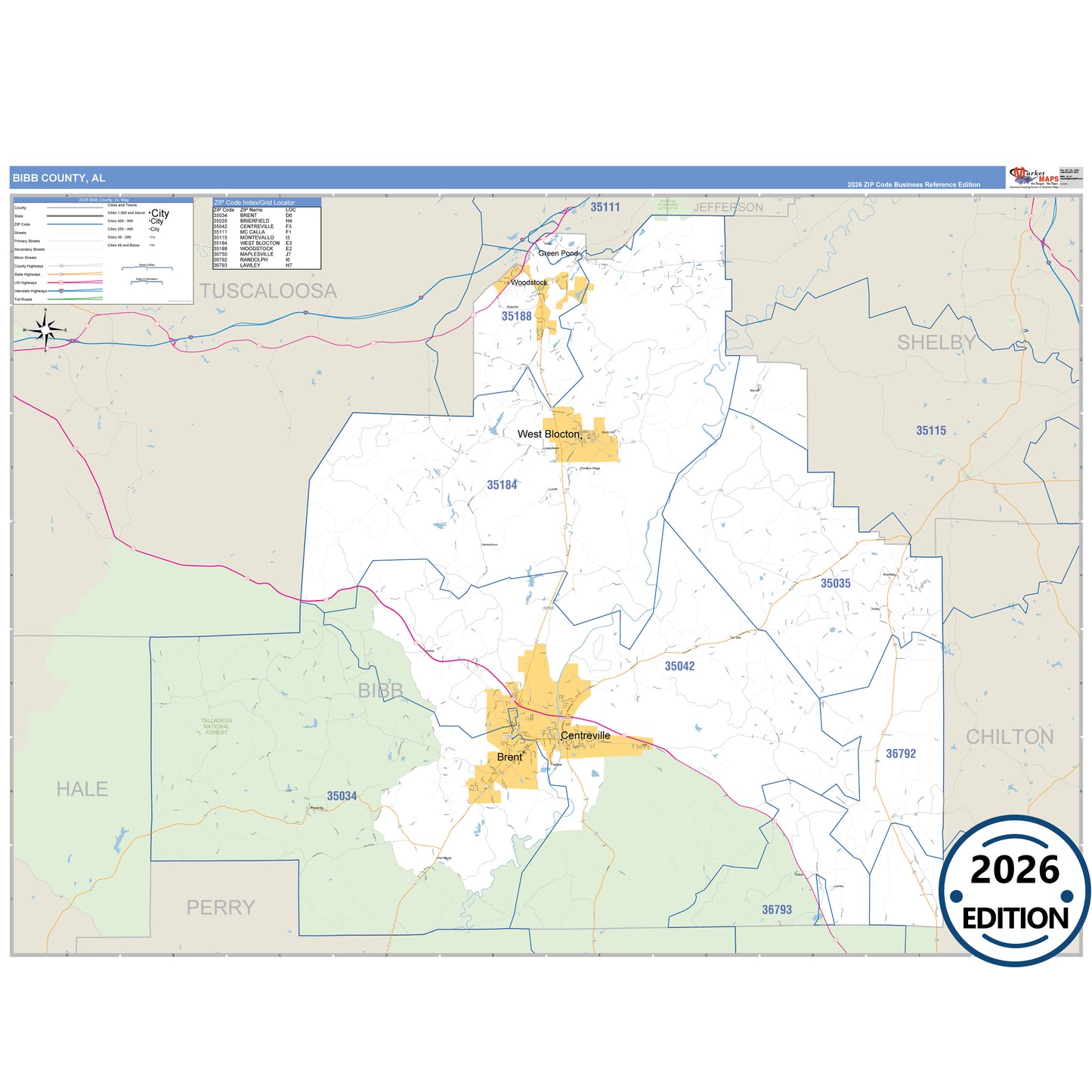 Bibb County, AL Business Reference 5 Digit ZIP Code Wall Map