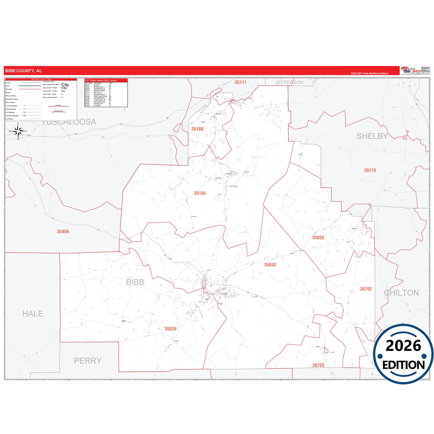 Bibb County, AL Red Line 5 Digit ZIP Code Wall Map