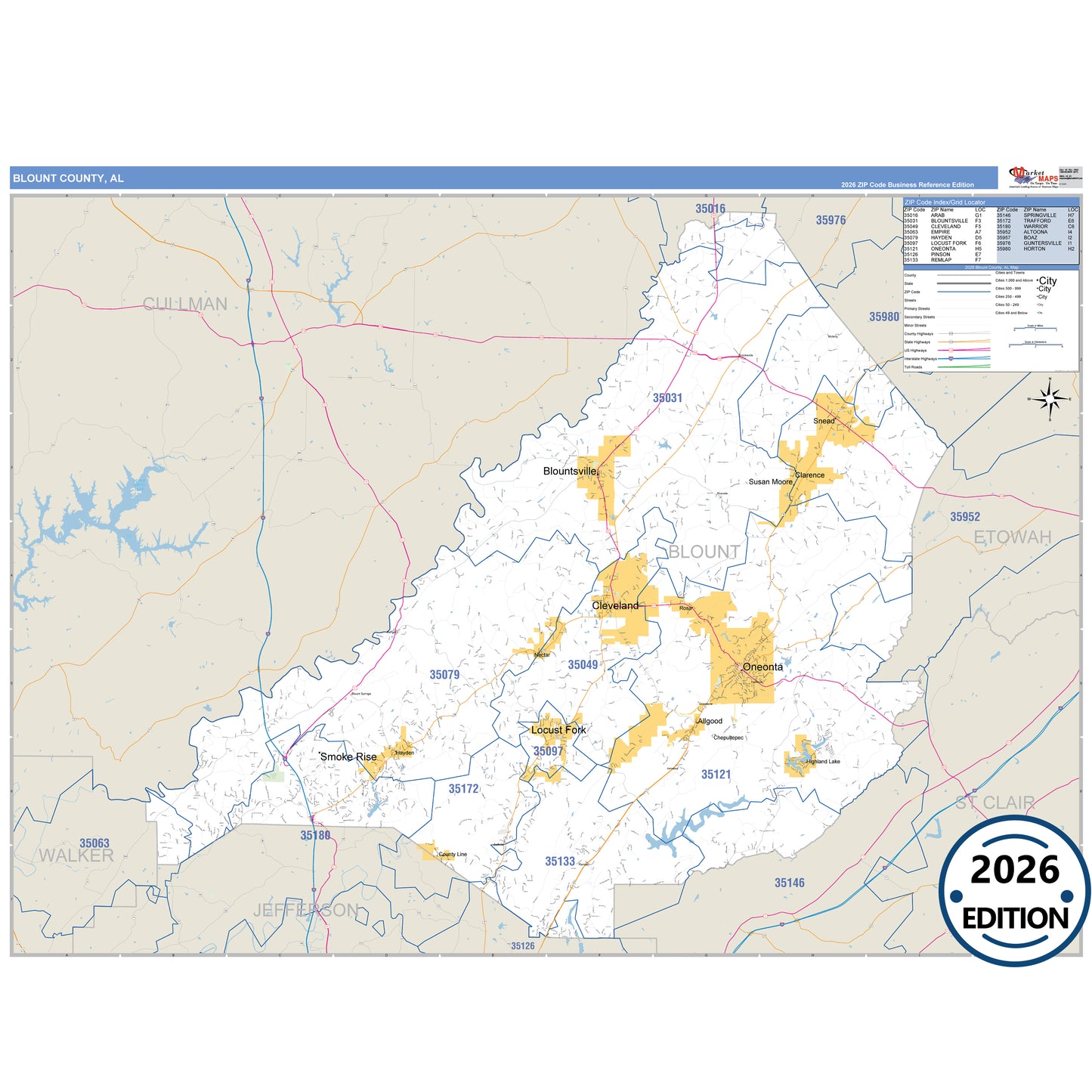 Blount County, AL Business Reference 5 Digit ZIP Code Wall Map