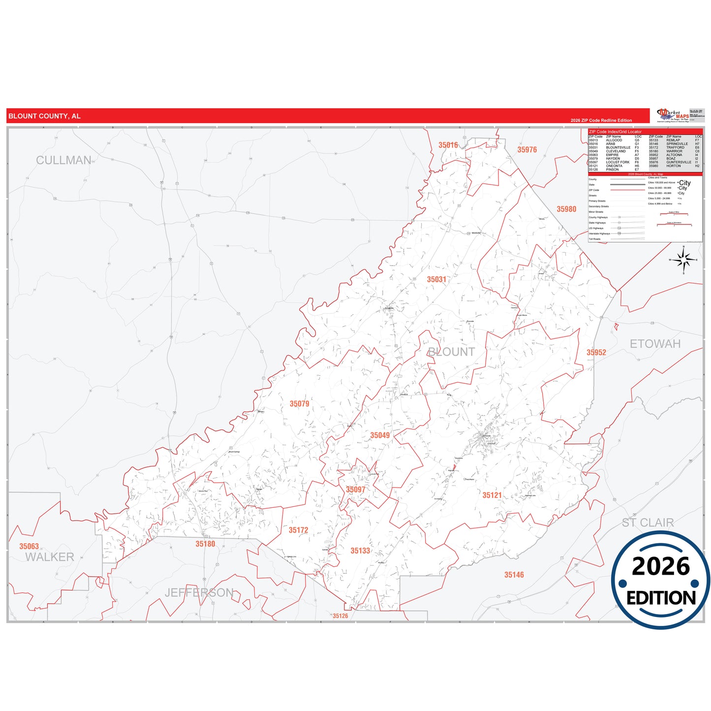 Blount County, AL Red Line 5 Digit ZIP Code Wall Map