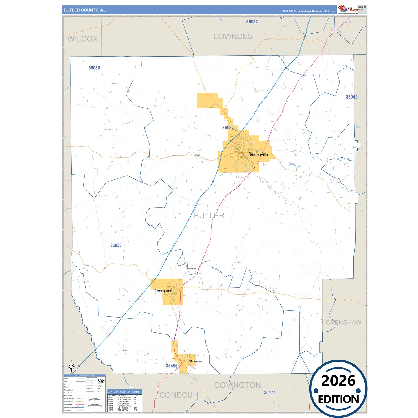 Butler County, AL Business Reference 5 Digit ZIP Code Wall Map