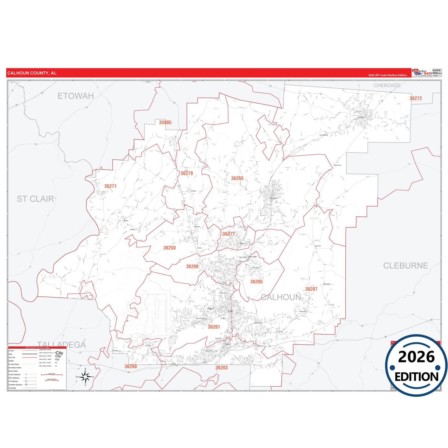 Calhoun County, AL Red Line 5 Digit ZIP Code Wall Map