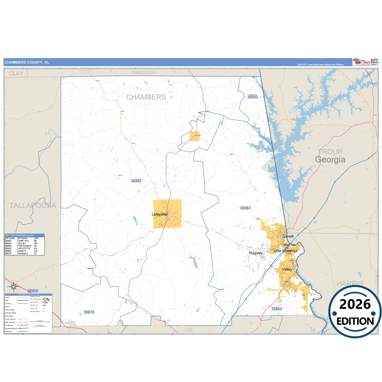 Chambers County, AL Business Reference 5 Digit ZIP Code Wall Map