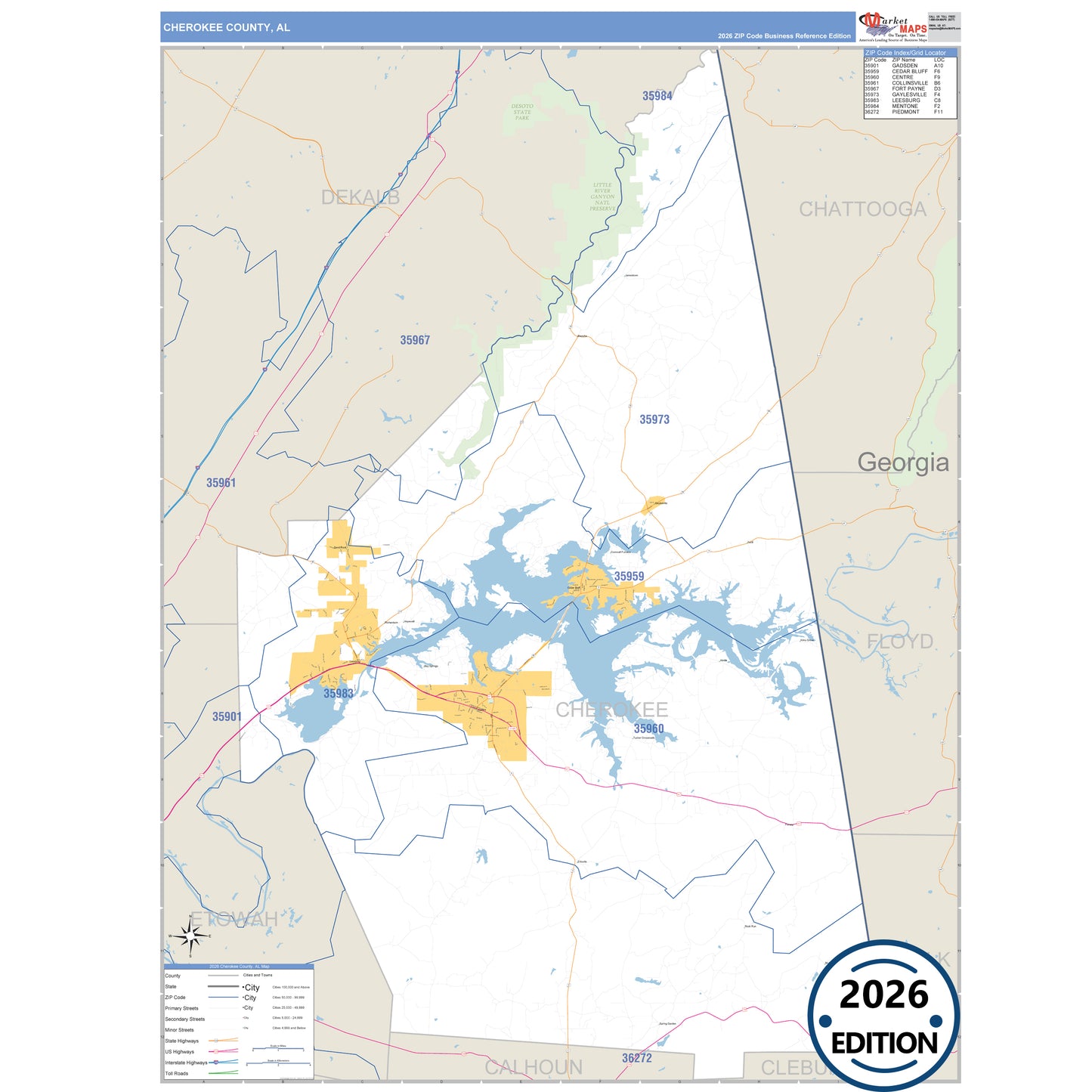 Cherokee County, AL Business Reference 5 Digit ZIP Code Wall Map