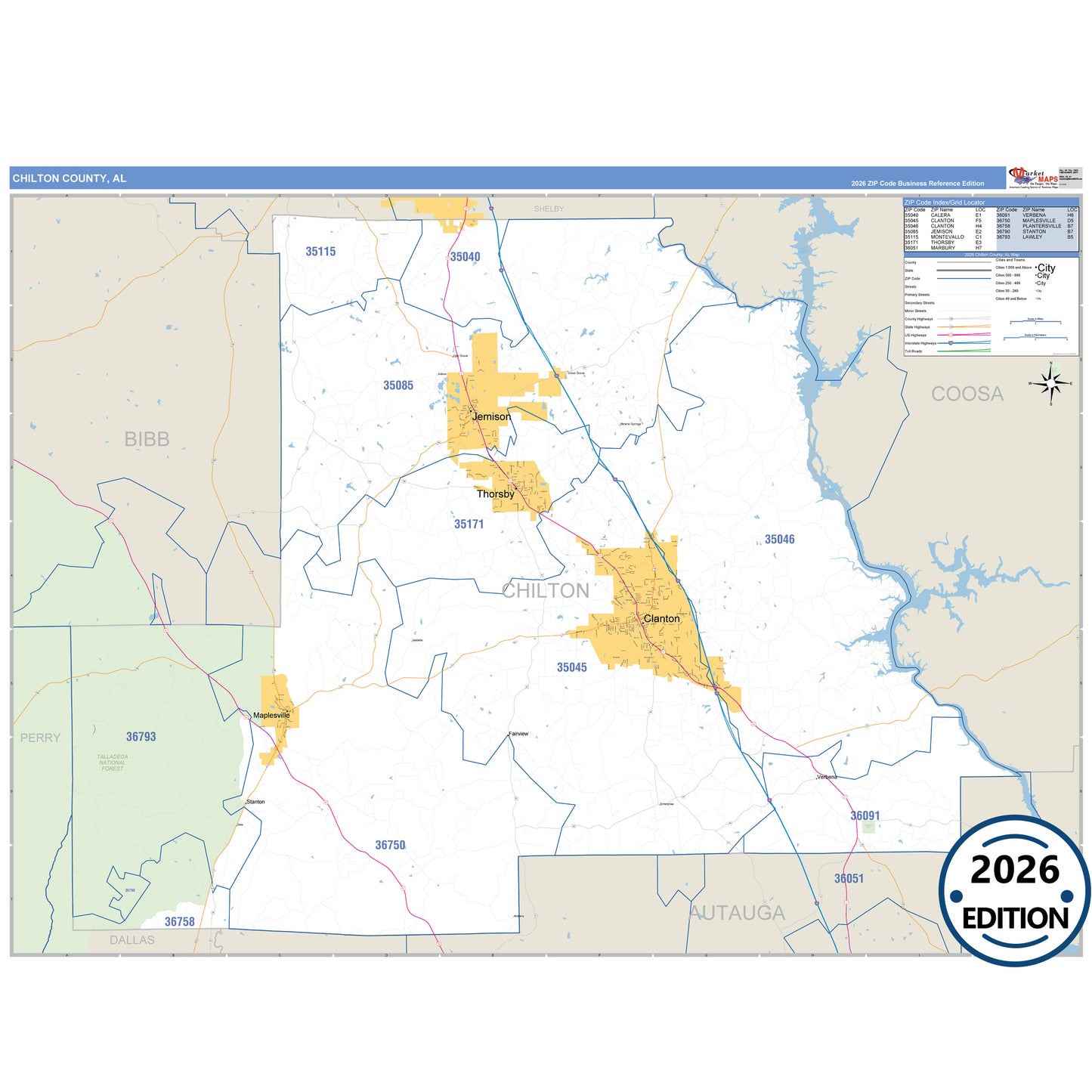 Chilton County, AL Business Reference 5 Digit ZIP Code Wall Map