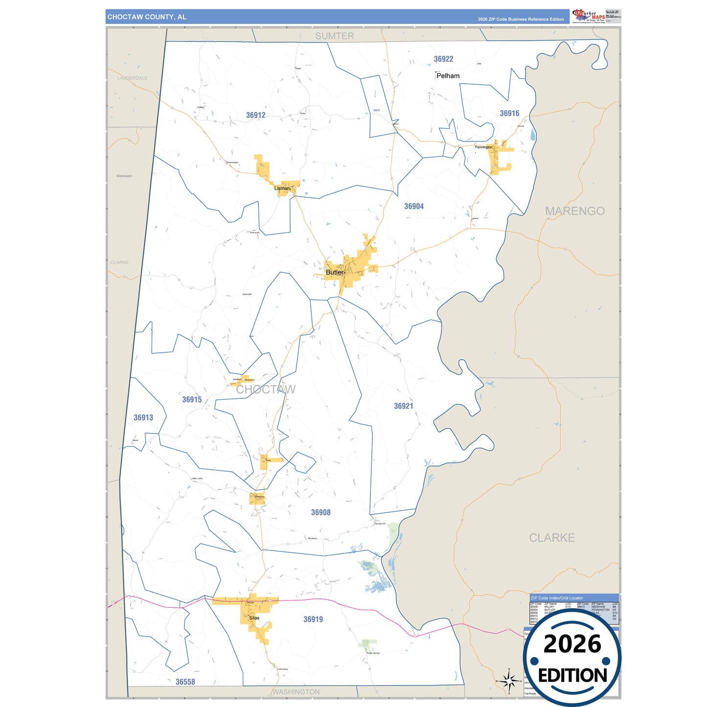 Choctaw County, AL Business Reference 5 Digit ZIP Code Wall Map
