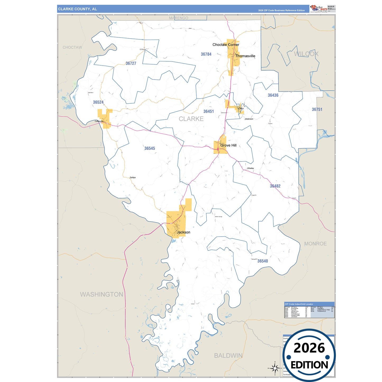 Clarke County, AL Business Reference 5 Digit ZIP Code Wall Map