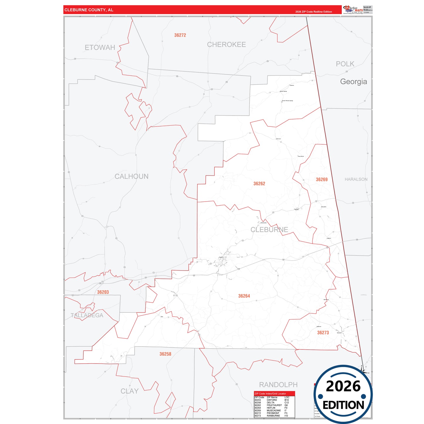 Cleburne County, AL Red Line 5 Digit ZIP Code Wall Map