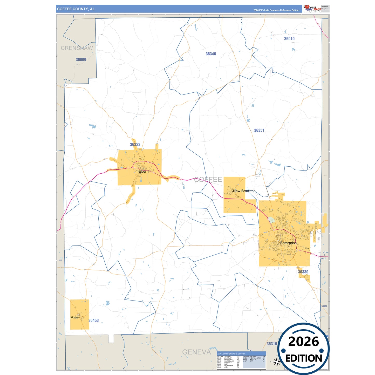 Coffee County, AL Business Reference 5 Digit ZIP Code Wall Map