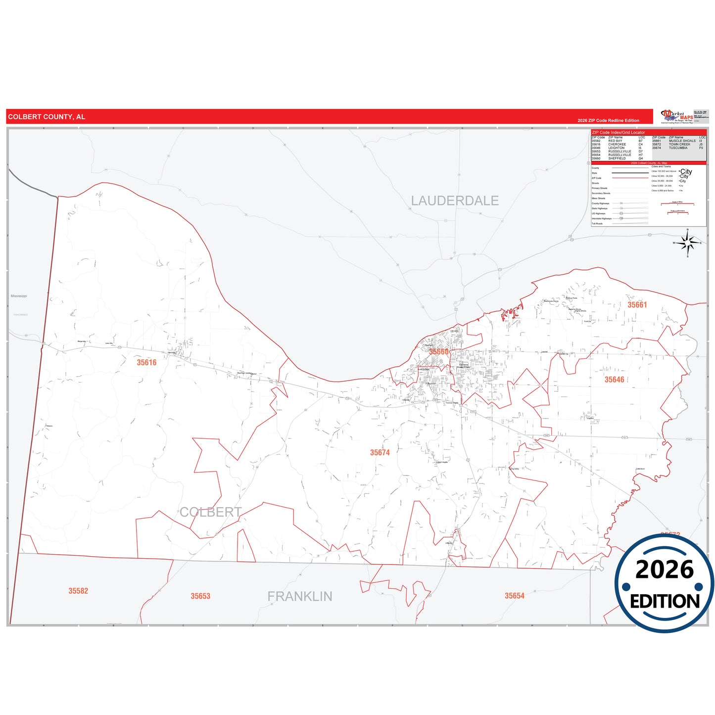 Colbert County, AL Red Line 5 Digit ZIP Code Wall Map