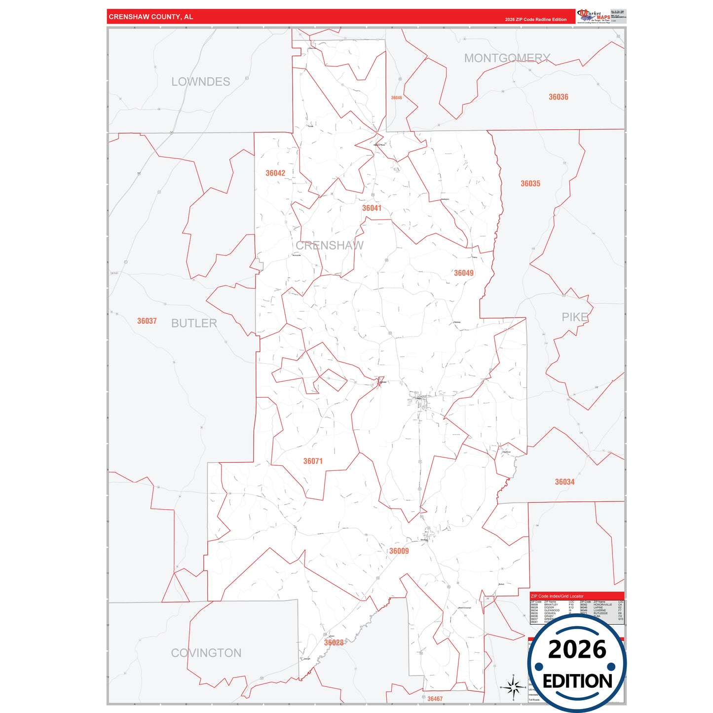 Crenshaw County, AL Red Line 5 Digit ZIP Code Wall Map