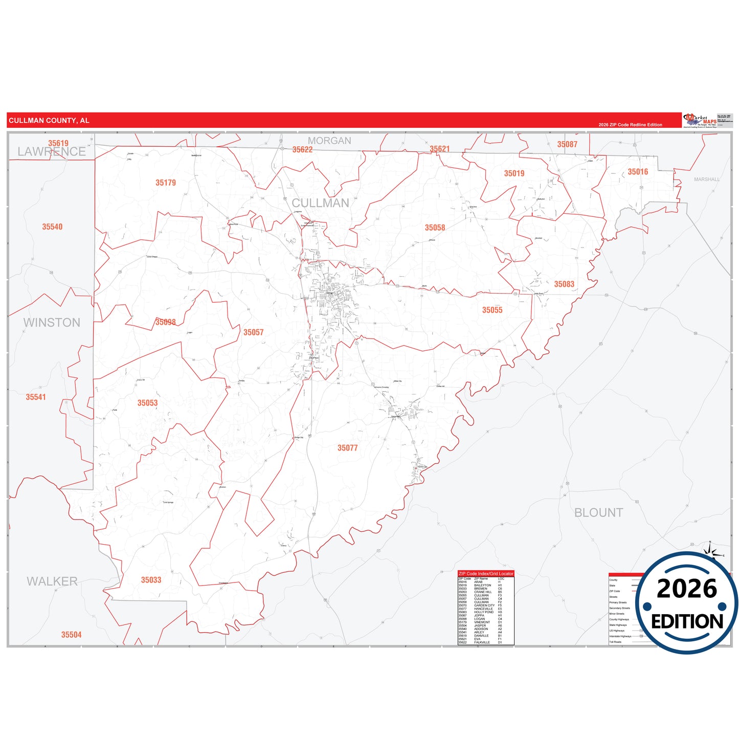 Cullman County, AL Red Line 5 Digit ZIP Code Wall Map