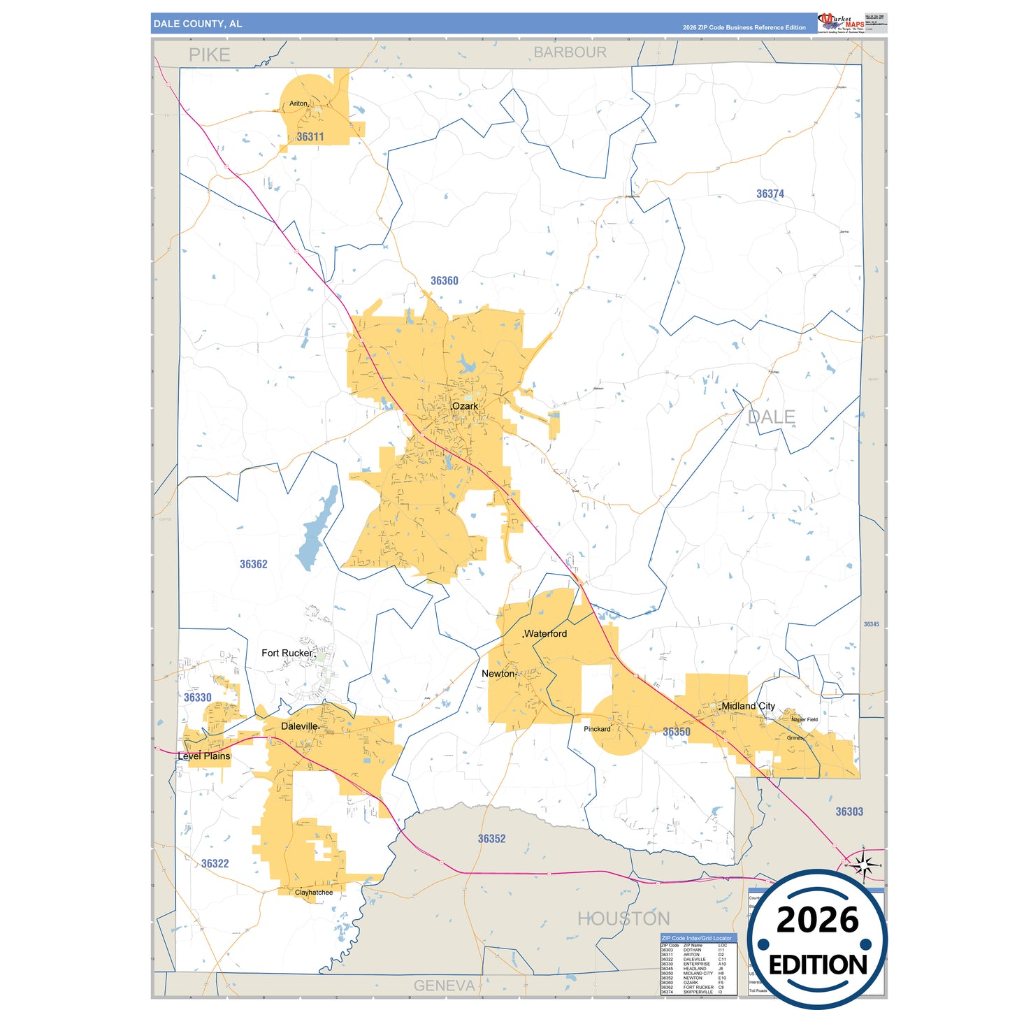 Dale County, AL Business Reference 5 Digit ZIP Code Wall Map