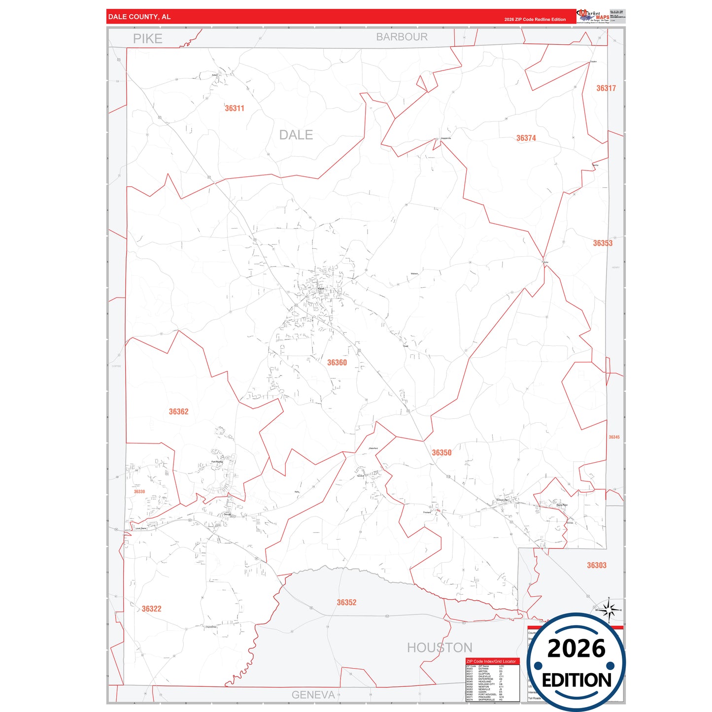 Dale County, AL Red Line 5 Digit ZIP Code Wall Map