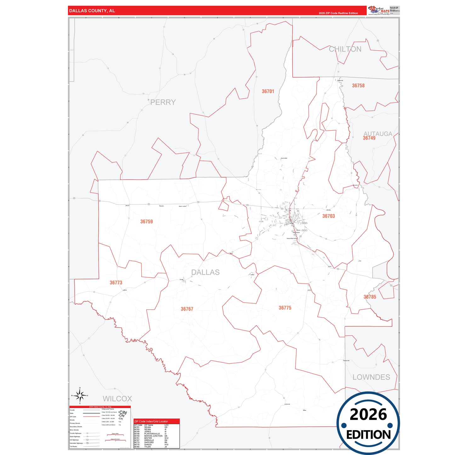Dallas County, AL Red Line 5 Digit ZIP Code Wall Map