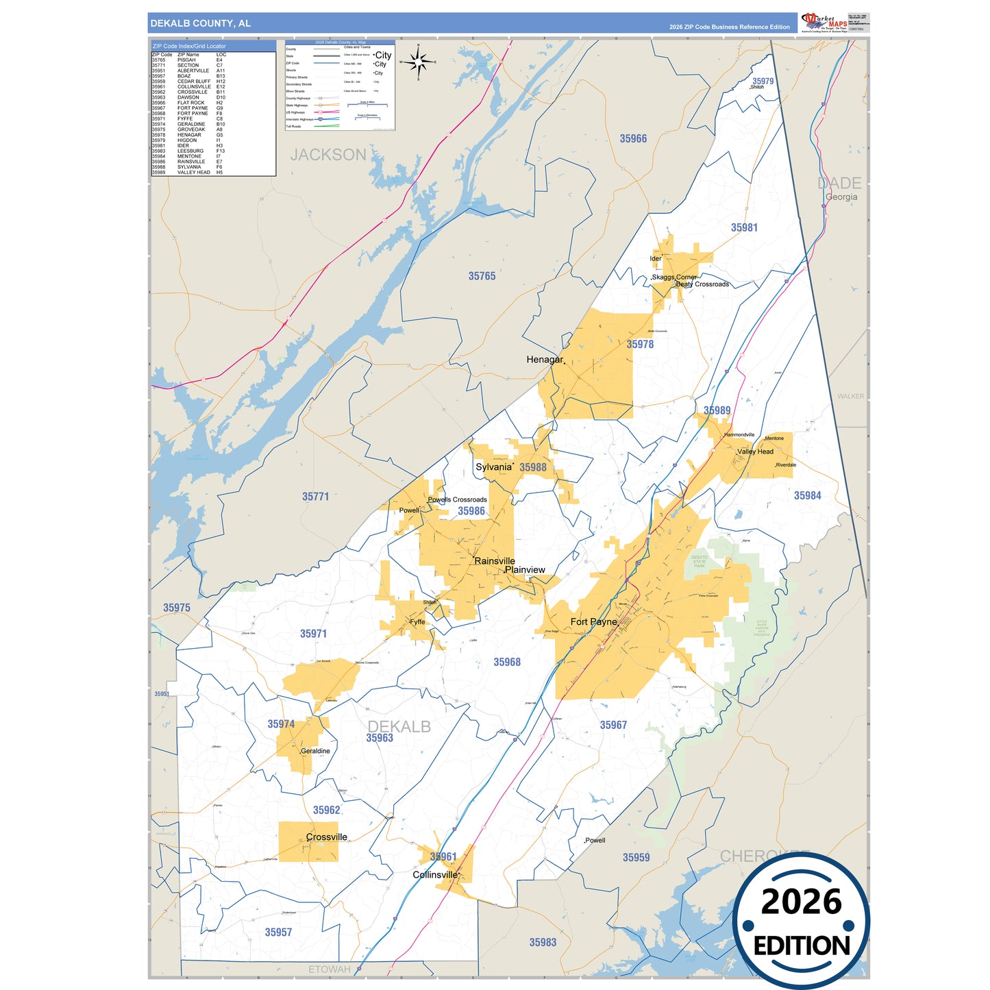 DeKalb County, AL Business Reference 5 Digit ZIP Code Wall Map