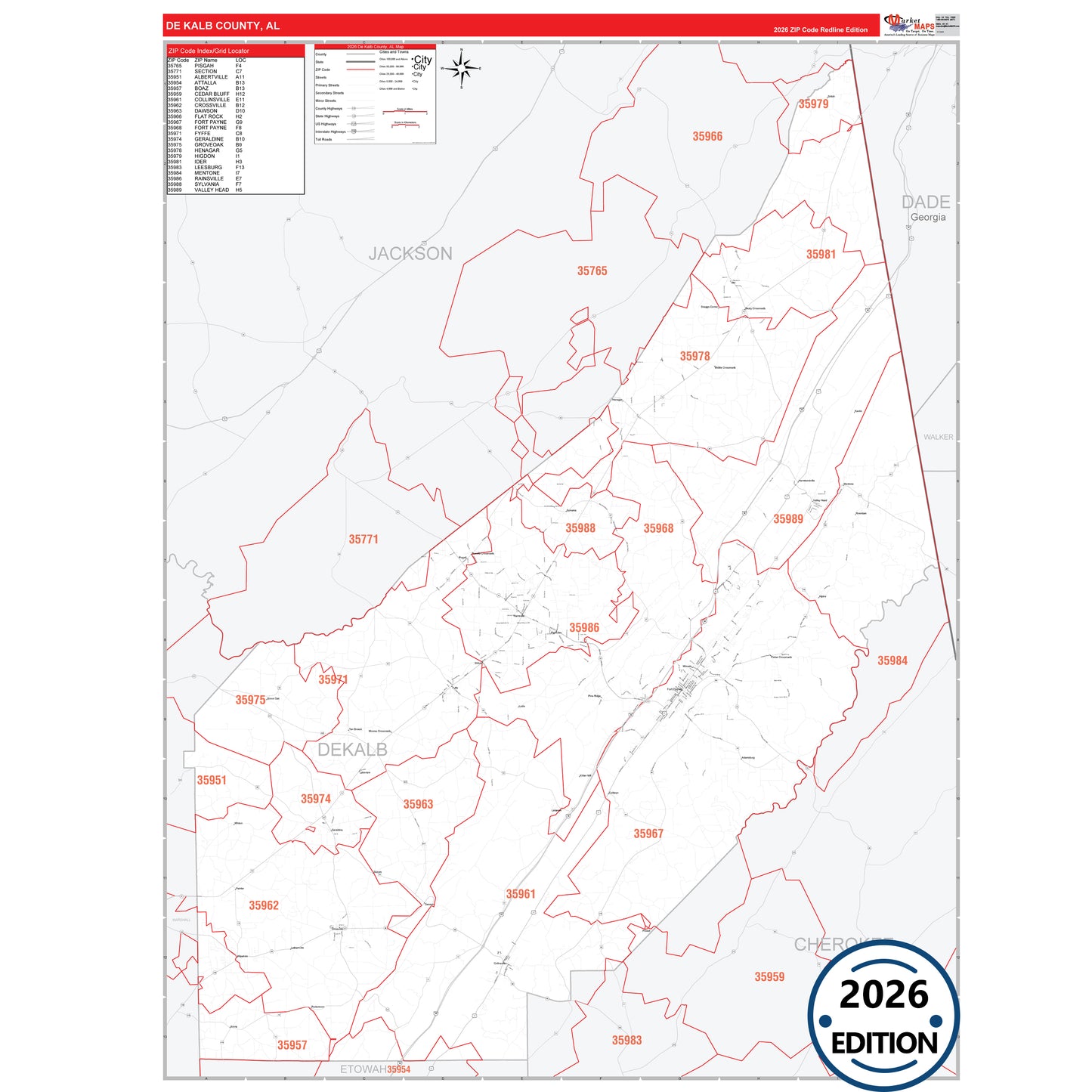 DeKalb County, AL Red Line 5 Digit ZIP Code Wall Map