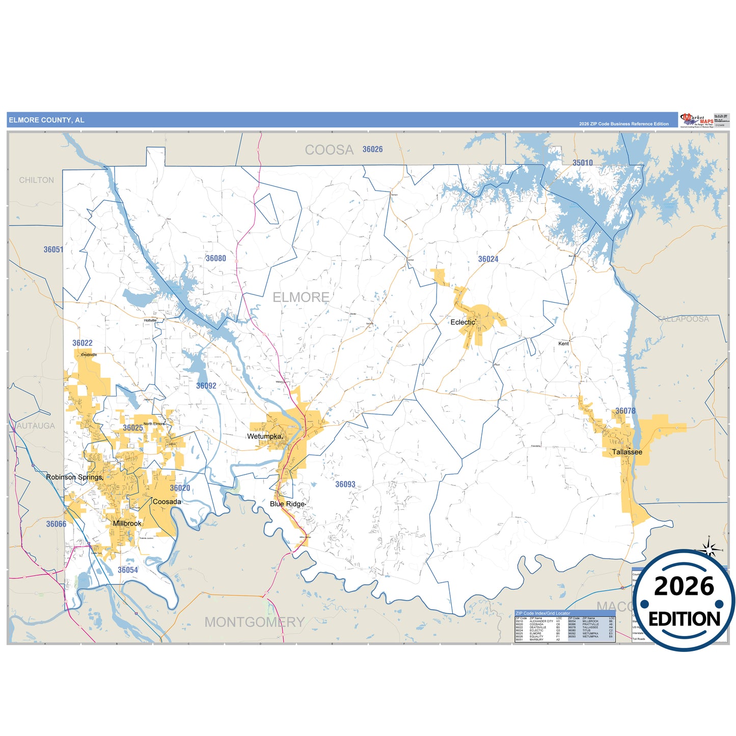 Elmore County, AL Business Reference 5 Digit ZIP Code Wall Map